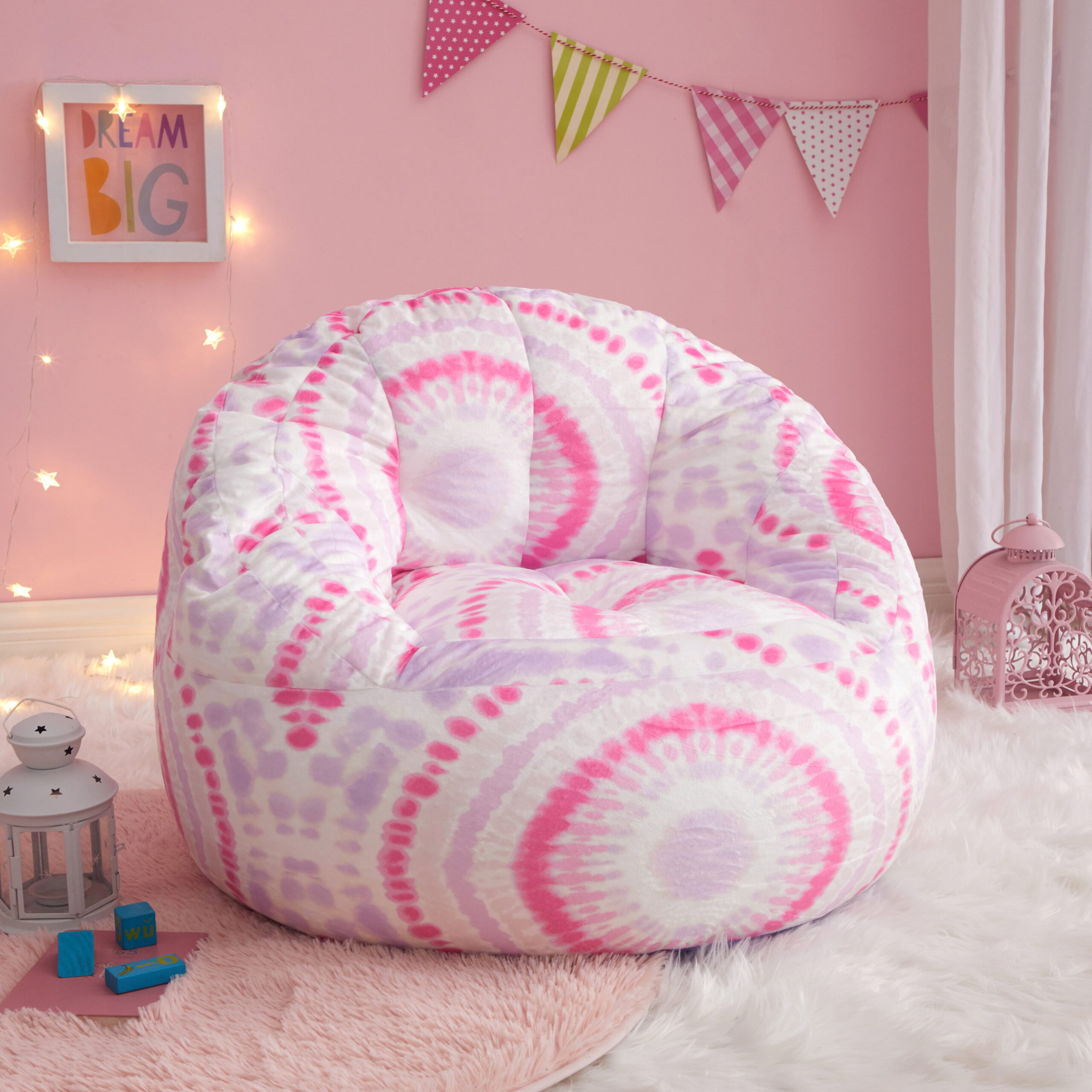 Justice Micromink Faux Fur Bean Bag Chair. Pink Tie Dye