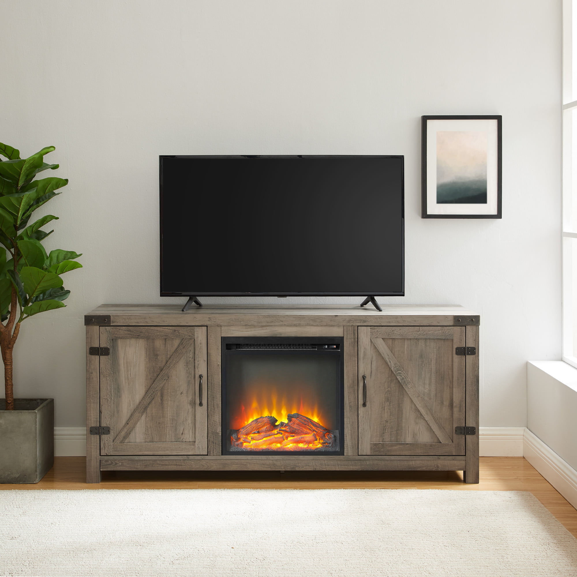 Woven Paths Modern Farmhouse Fireplace TV Stand for TVs up to 65″. Grey Wash