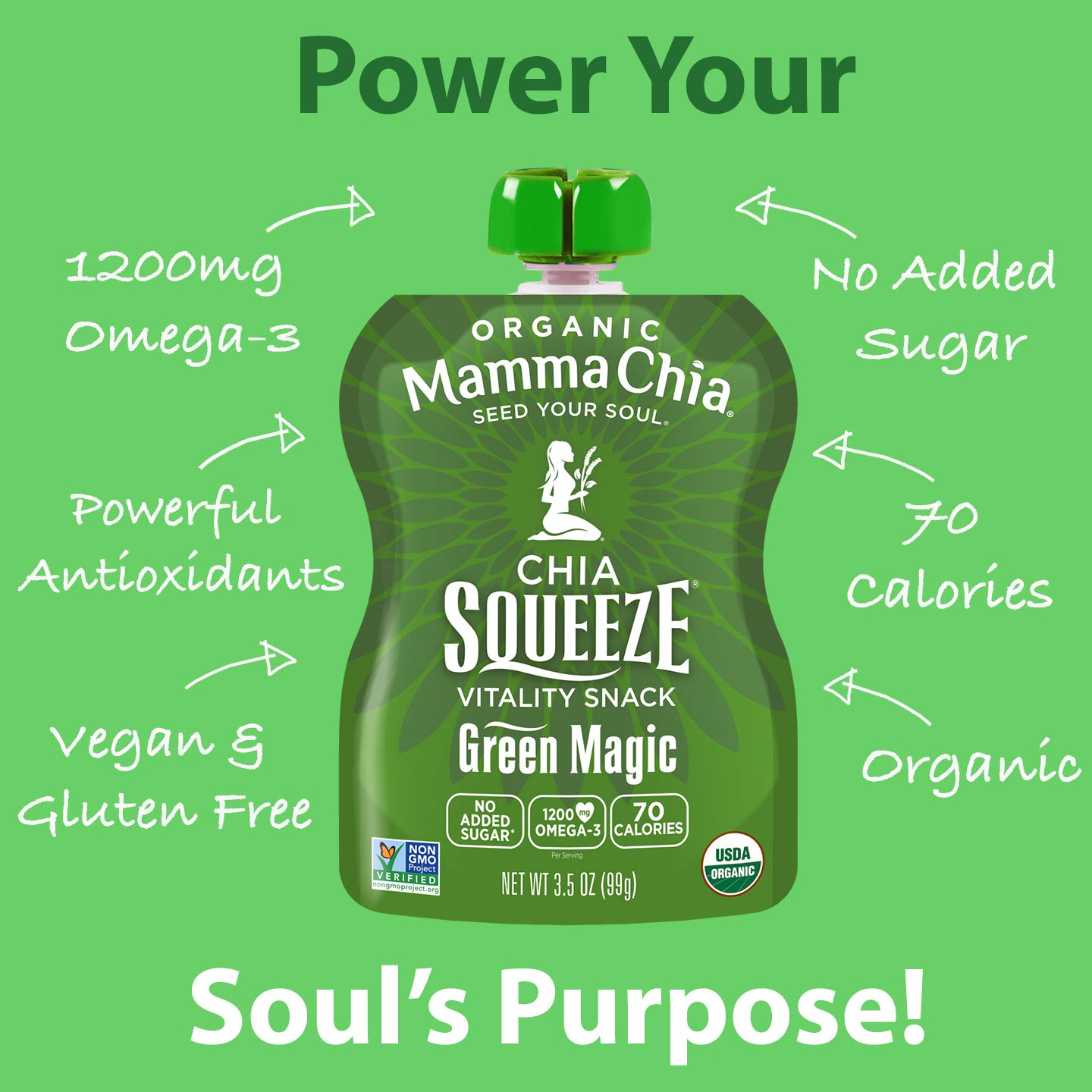 Mamma Chia Organic Vitality Squeeze Snack. Green Magic. 24- 3.05 Ounce Chia Snack. USDA Organic. Non-GMO. Vegan. Gluten Free. and Kosher. Fruit and Vegetables with only 70 Calories