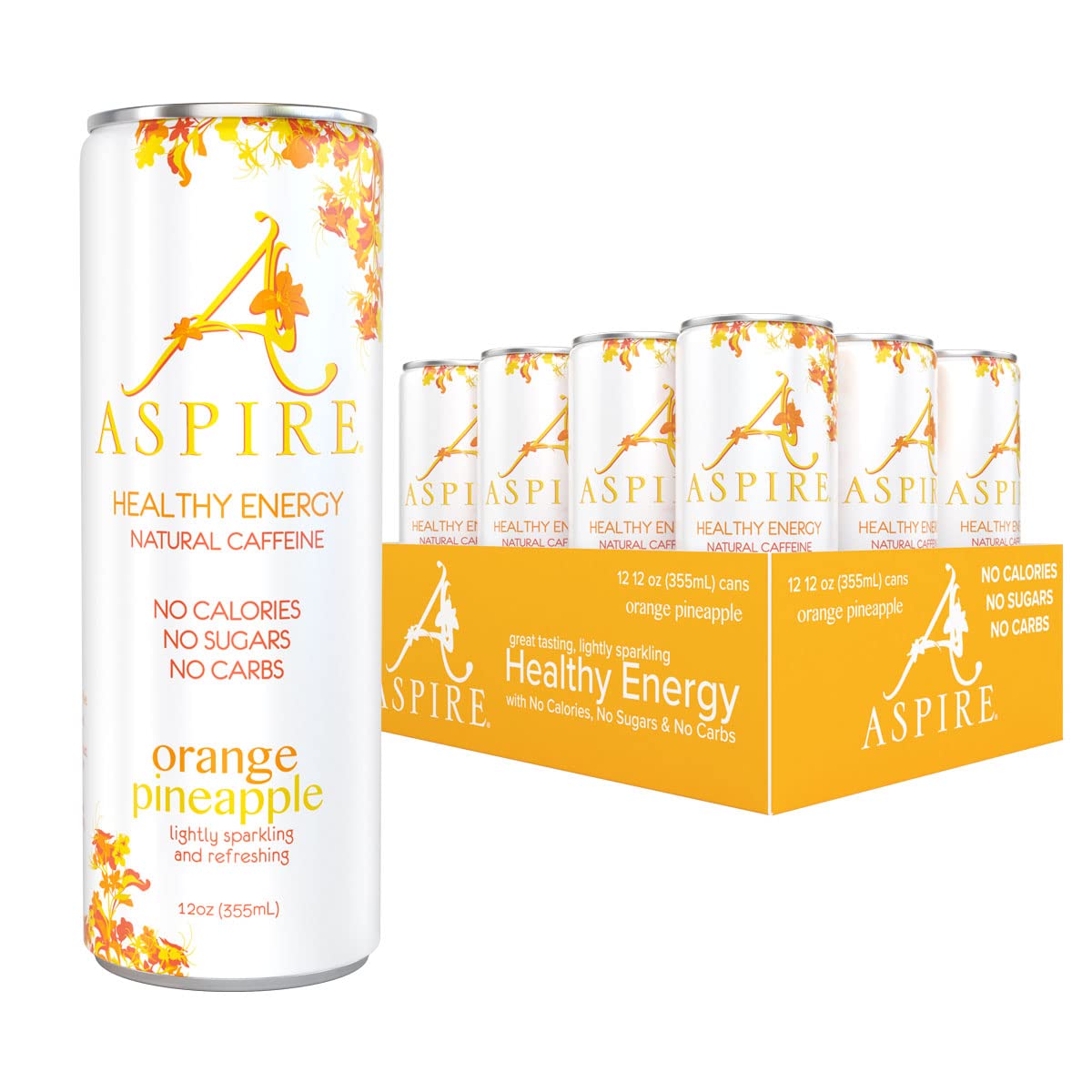 Aspire Healthy Energy Drink. Orange Pineapple (Pack of 12) 12 oz Cans. Natural Caffeine and Zero Sugar. Coffee Substitute. Vitamins B & C. Keto. Vegan. and Kosher Friendly