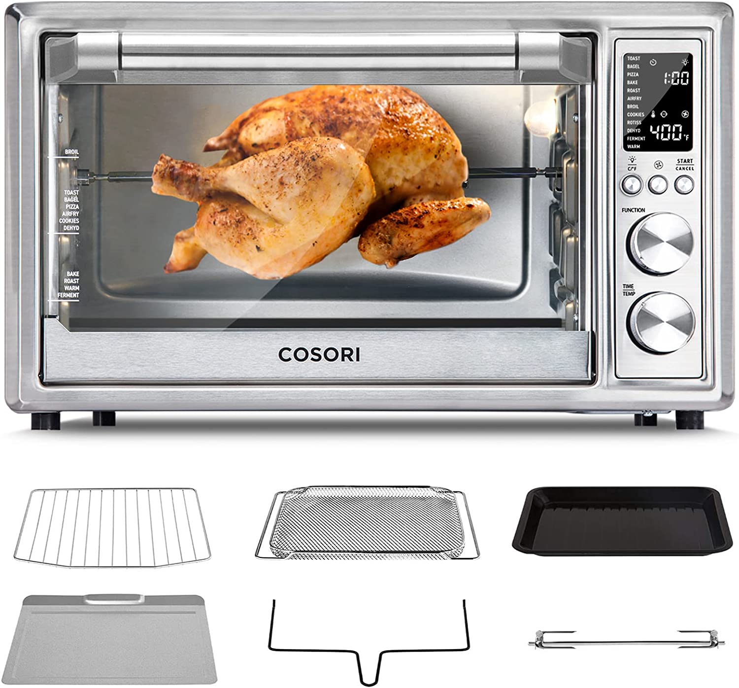 COSORI Air Fryer Toaster Oven. 12-in-1 Convection Oven Countertop with Rotisserie. Stainless Steel 32QT/32L. 6-Slice Toast. 13-inch Pizza.100 Recipes. Basket. Tray(6 Accessories)Included. CO130-AO