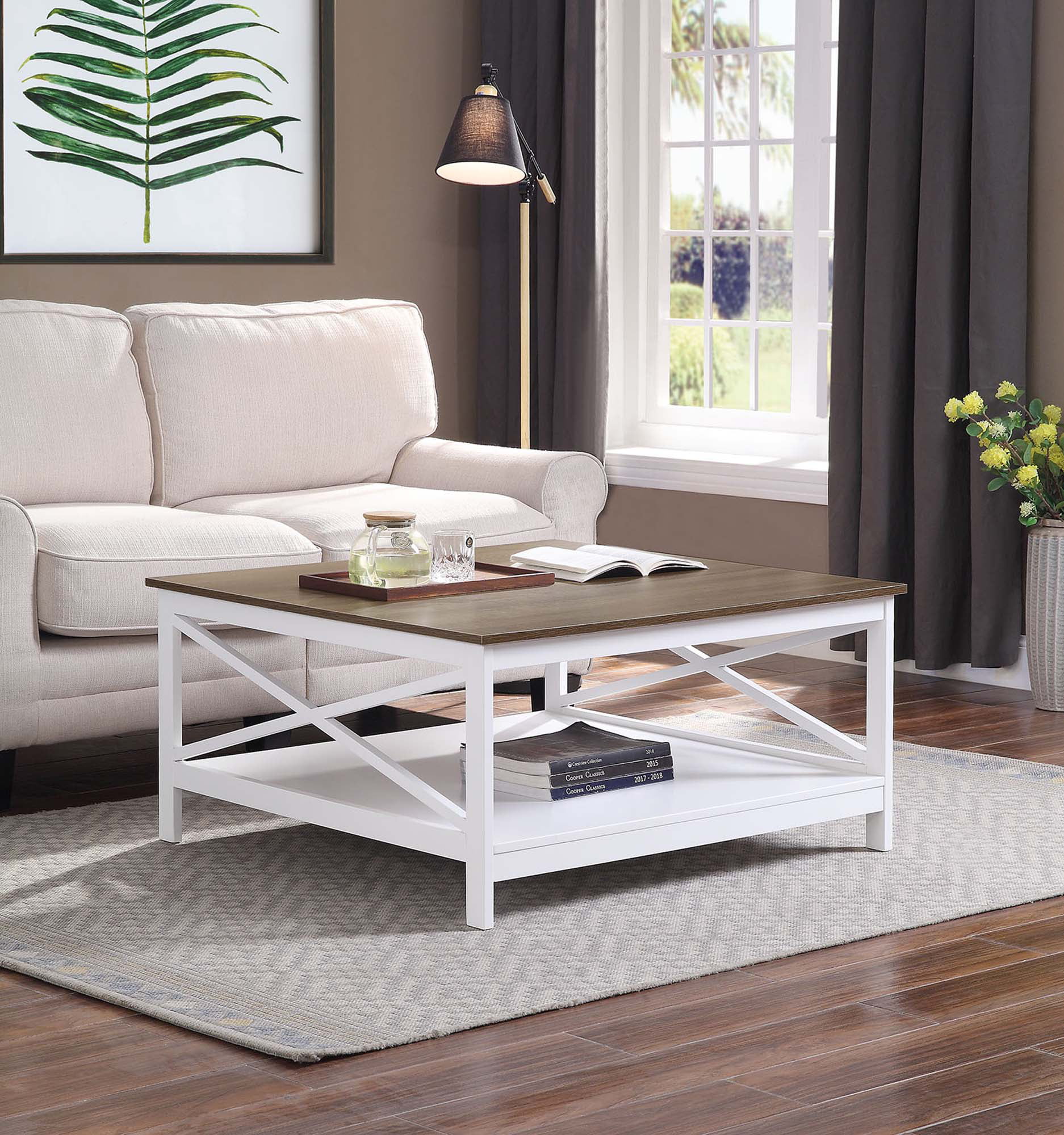 Convenience Concepts Oxford 36″ Square Coffee Table. Driftwood/White