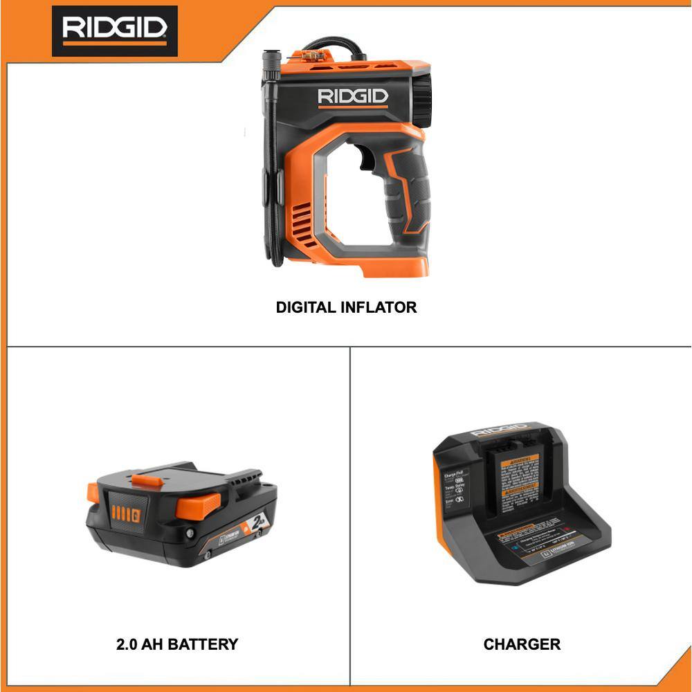 RIDGID R87044KN 18V Cordless Digital Inflator Kit with 2.0 Ah Battery and Charger