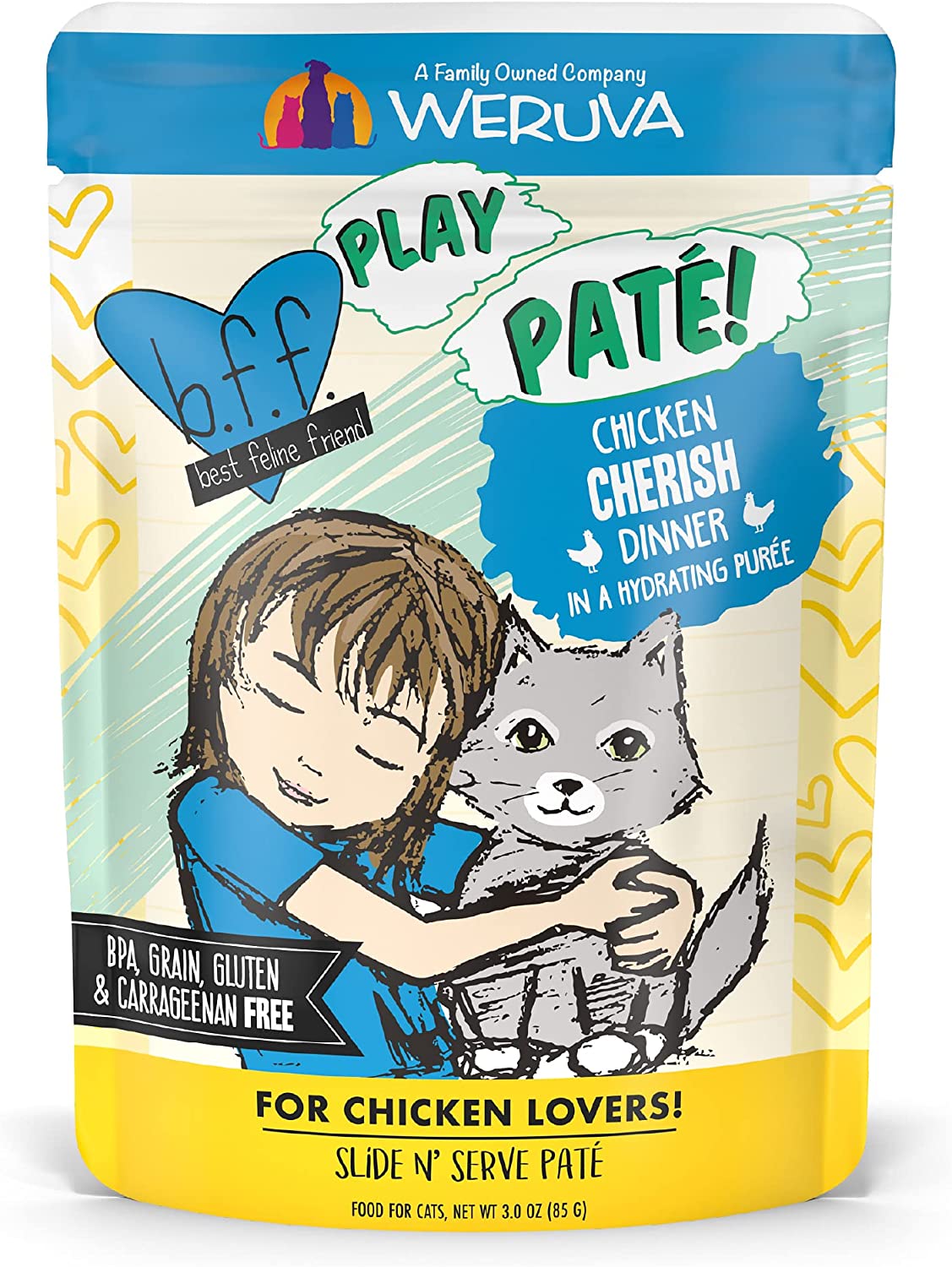 Weruva Wet Cat Food B.F.F. PLAY - Best Feline Friend Paté Lovers. Aw Yeah!. Chicken Cherish with Chicken. 3oz Pouch (Pack of 12)