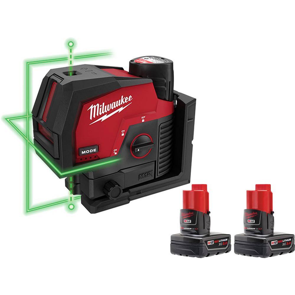 Milwaukee 3622-21-48-11-2412 M12 12-Volt Lithium-Ion Cordless Green 125 ft. Cross Line and Plumb Points Laser Level Kit with 3 Batteries