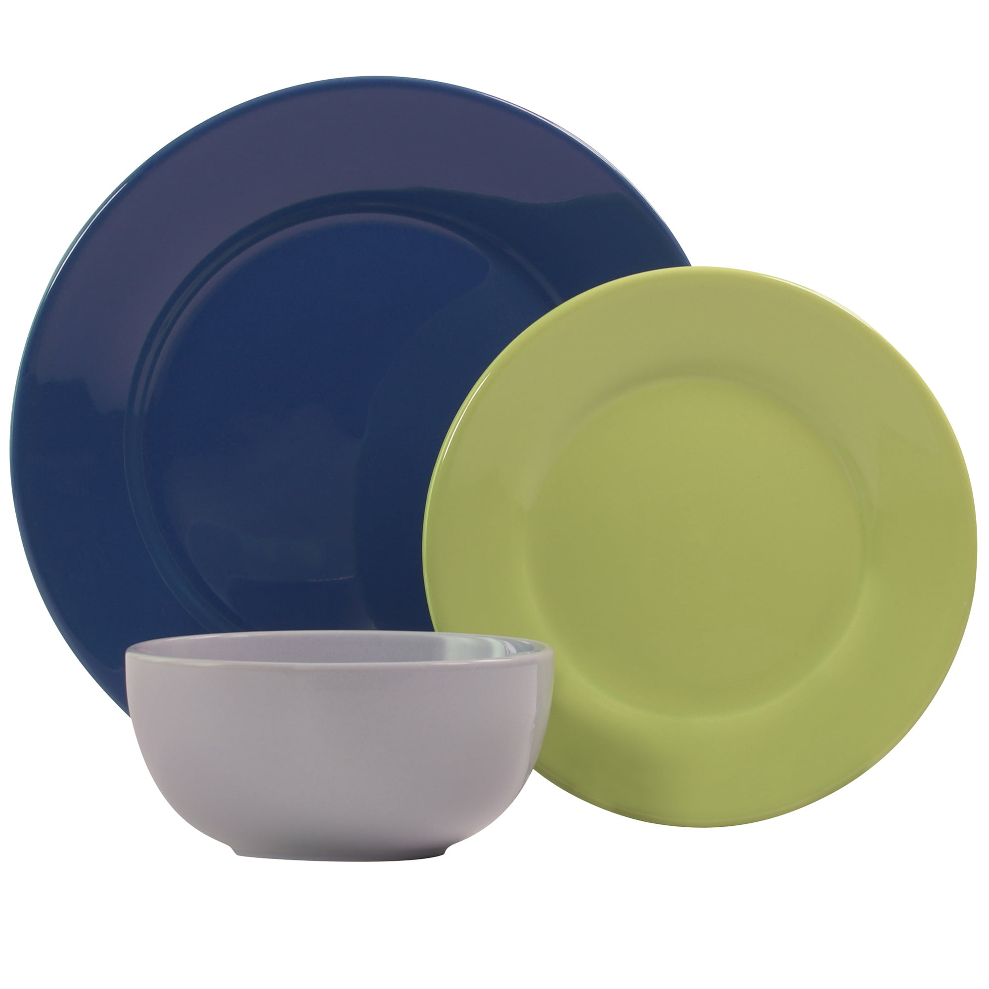 Mainstays Pastel 12-Piece Round Stoneware Dinnerware Set. Cool Tones