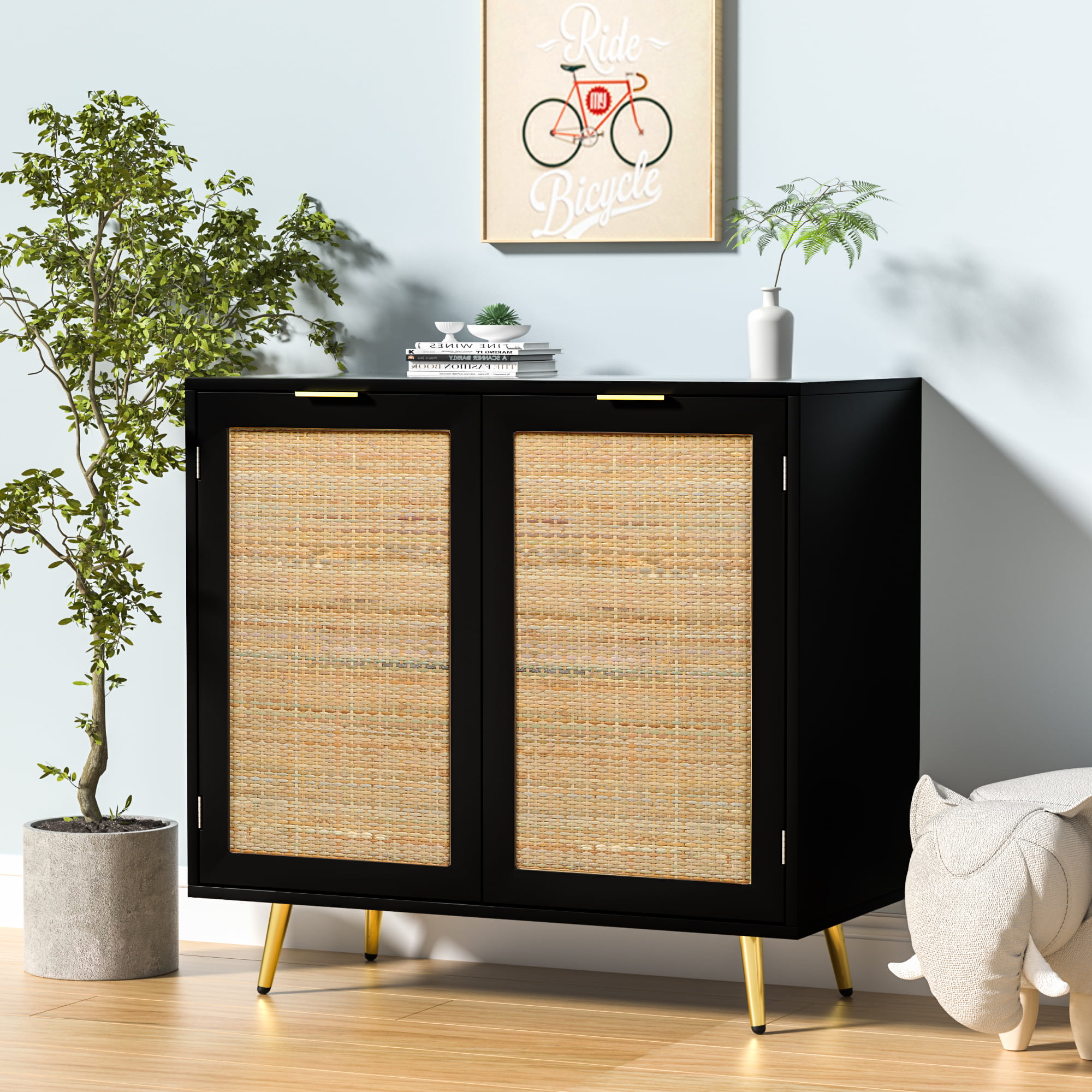Eumyviv 31.5″ Height Accent Cabinet with 2 Rattan Doors. Mid-Century Storage Sideboard and Buffet Cupboard. Black Kitchen Furniture. H0060