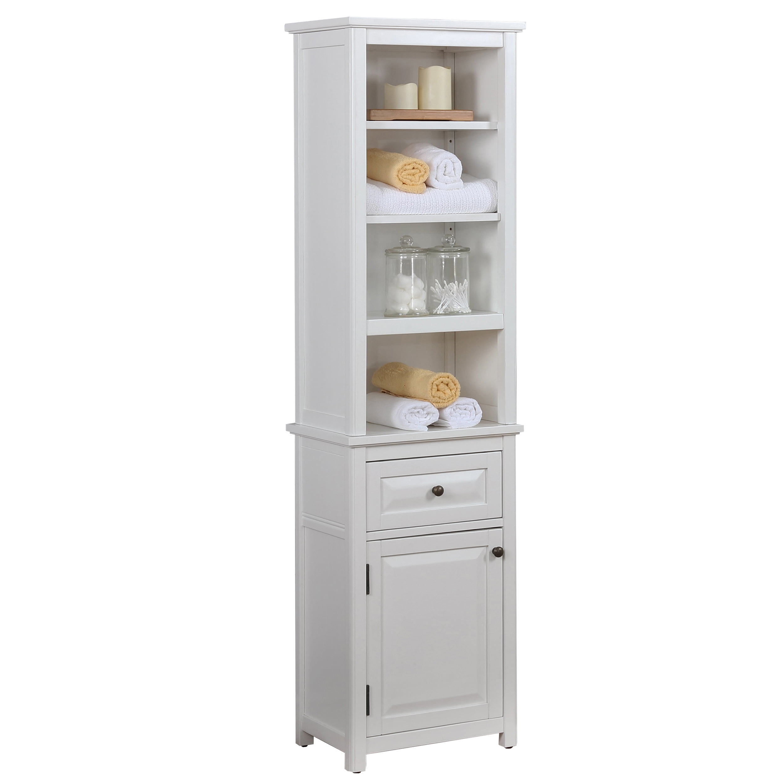 Alaterre Dorset Bathroom Storage Tower with Open Upper Shelves. Lower Cabinet and Drawer