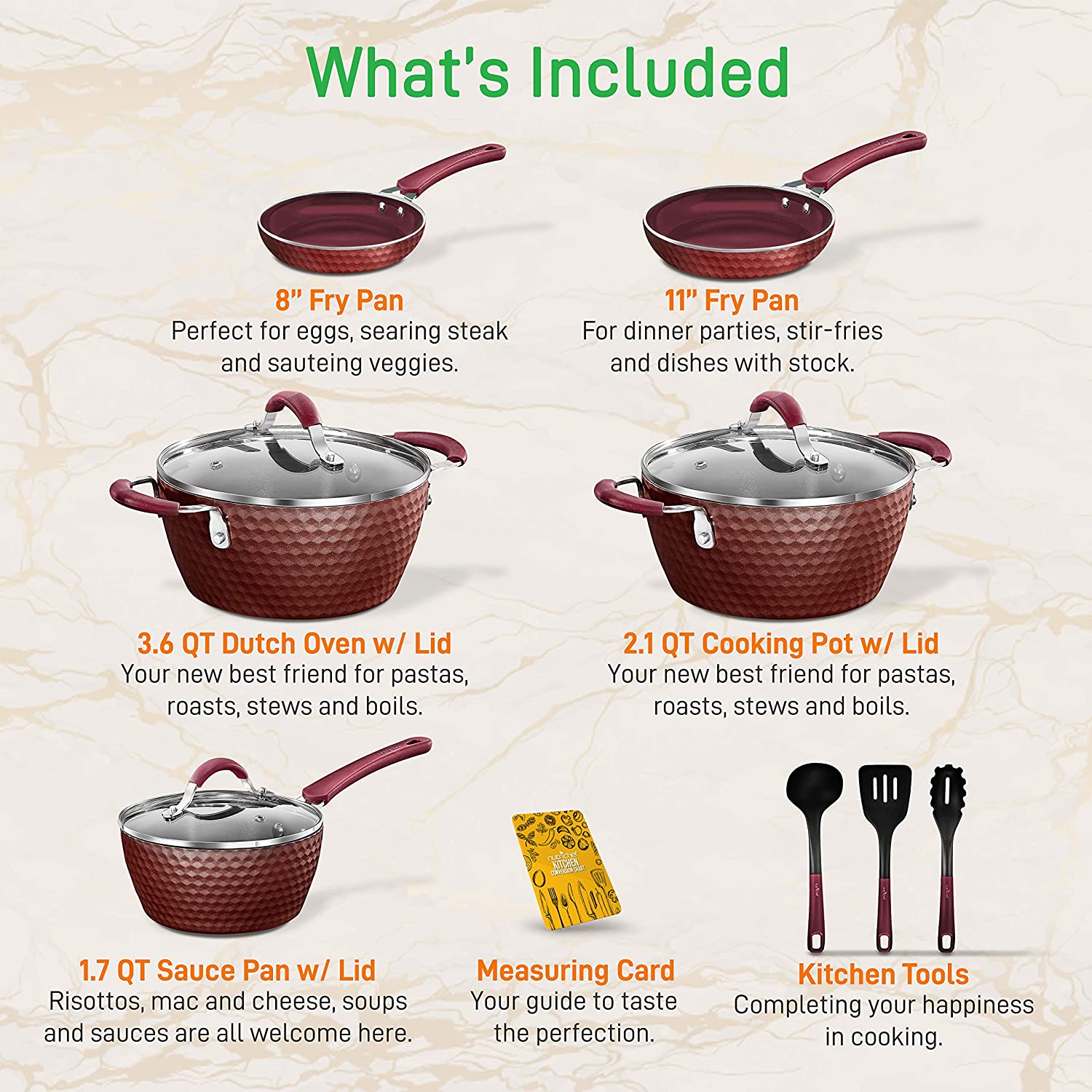 NutriChef Nonstick Cookware Excilon Home Kitchen Ware Pots & Pan Set with Saucepan Frying Pans. Cooking Pots. Lids. Utensil PTFE/PFOA/PFOS free. 11 Pcs. Purple Diamond. One size