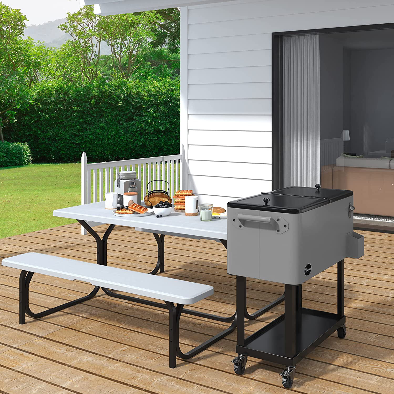 YITAHOME 80 Quart Rolling Cooler Cart with Bottle Opener Drainage. Portable Patio Cooler Rolling on Wheels. Outdoor Rolling Beverage Cart Drink Cooler for Patio Pool Deck Party BBQ Cookouts. Silver