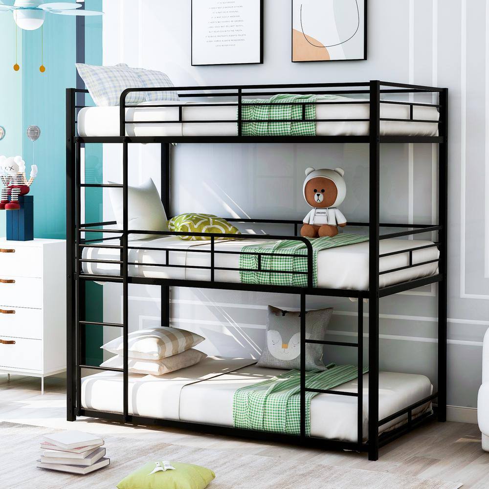 Harper & Bright Designs  Black Twin Size Metal Triple Bunk Bed with 2-Ladders