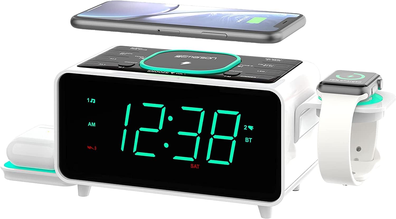 Emerson Radio Smartset Alarm Clock FM Radio with Wireless Charging. Bluetooth Speaker. Fast Charging for Airpods/iPhone. Foldable Stand. USB Charger. Adjustable LED Glow. ER100501. Black/Neon