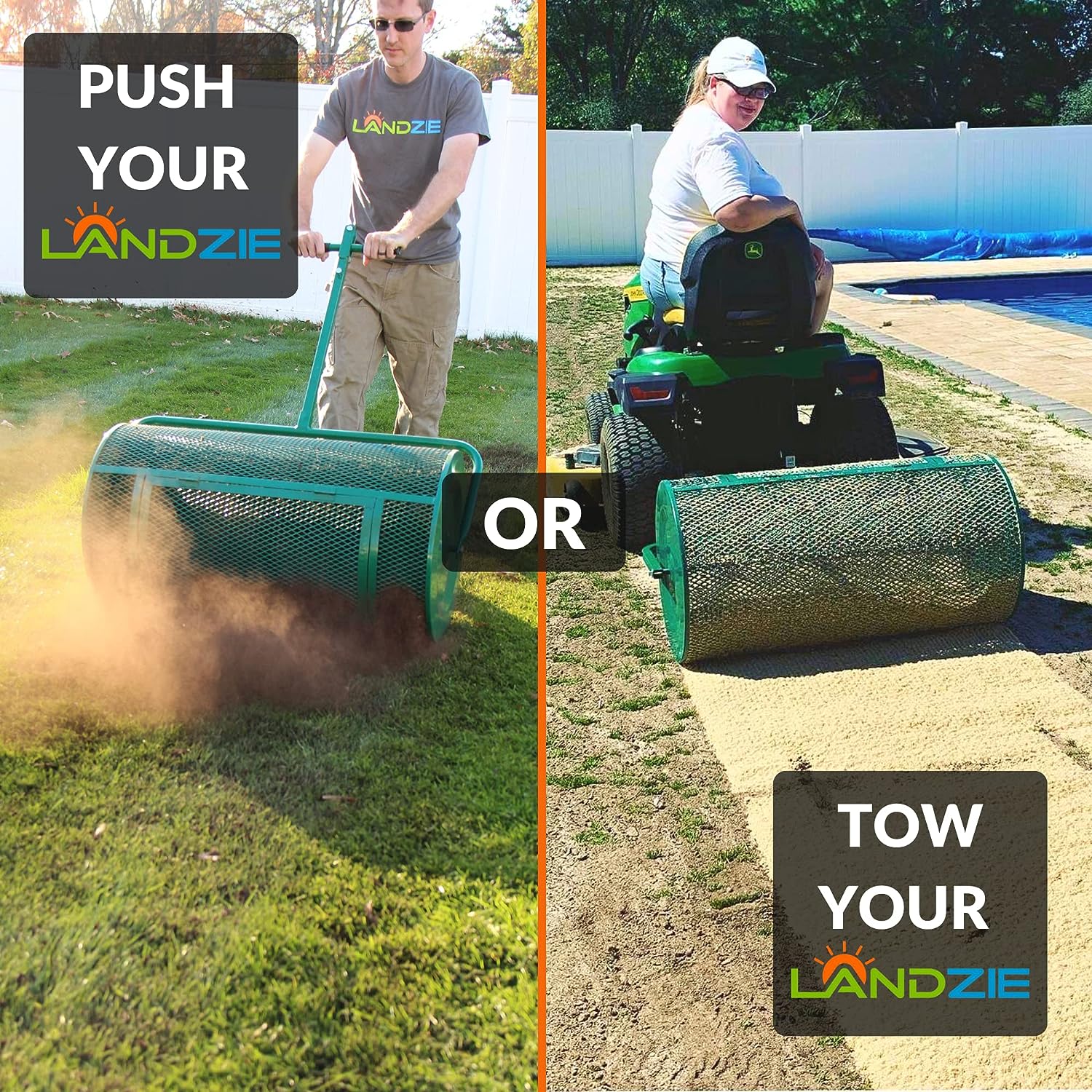 Landzie Lawn & Garden Spreaders - 36 Inch Heavy Duty Metal Mesh Basket Push/Tow Spreader - Compost. Peat Moss. Top Soil. Mulch - Durable Lightweight Multi-Purpose Yard Care Equipment - Manure Spreader