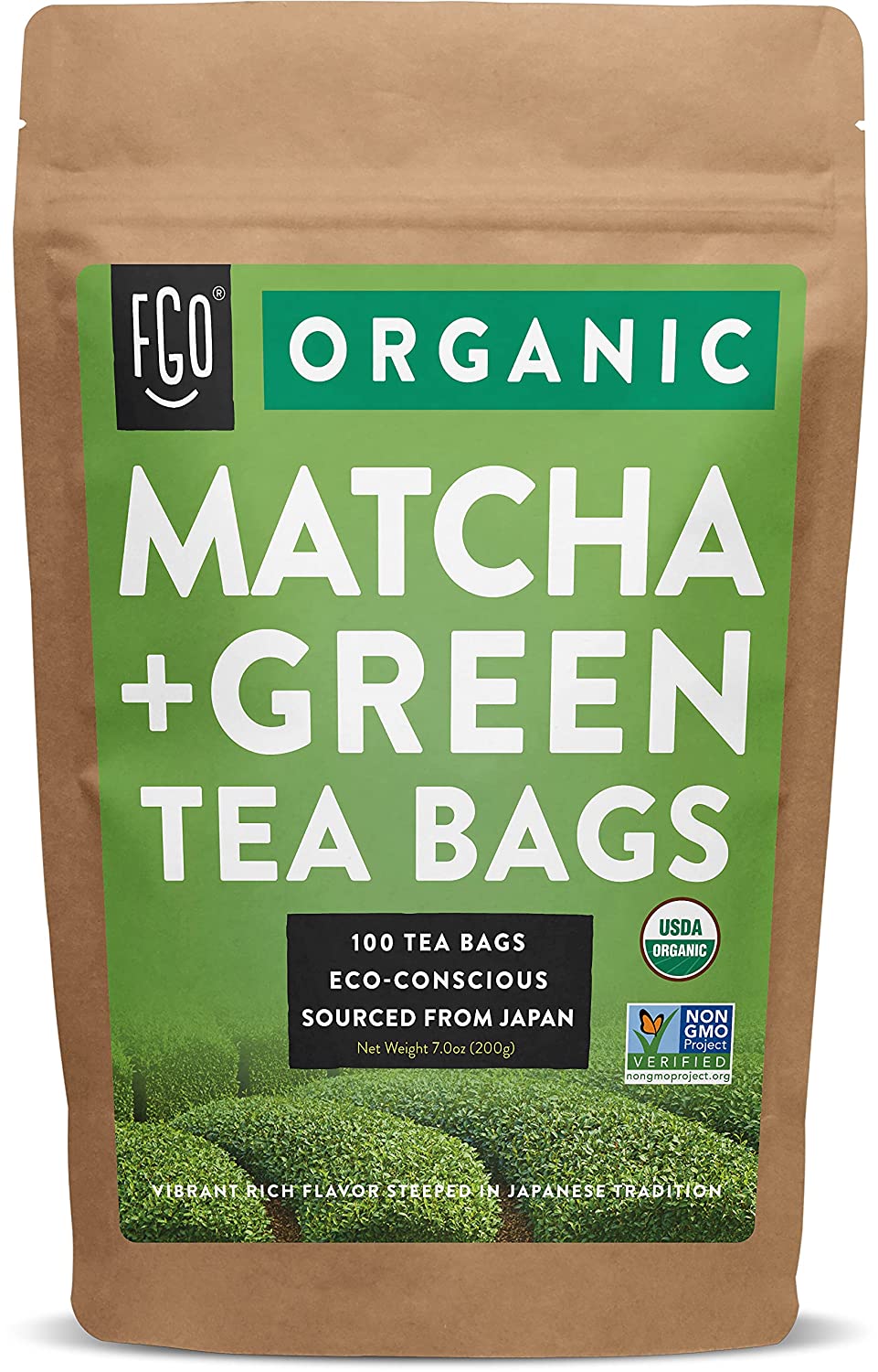FGO Organic Japanese Matcha + Green Tea Bags 100 Tea Bags Eco-Conscious Tea Bags in Kraft Bag