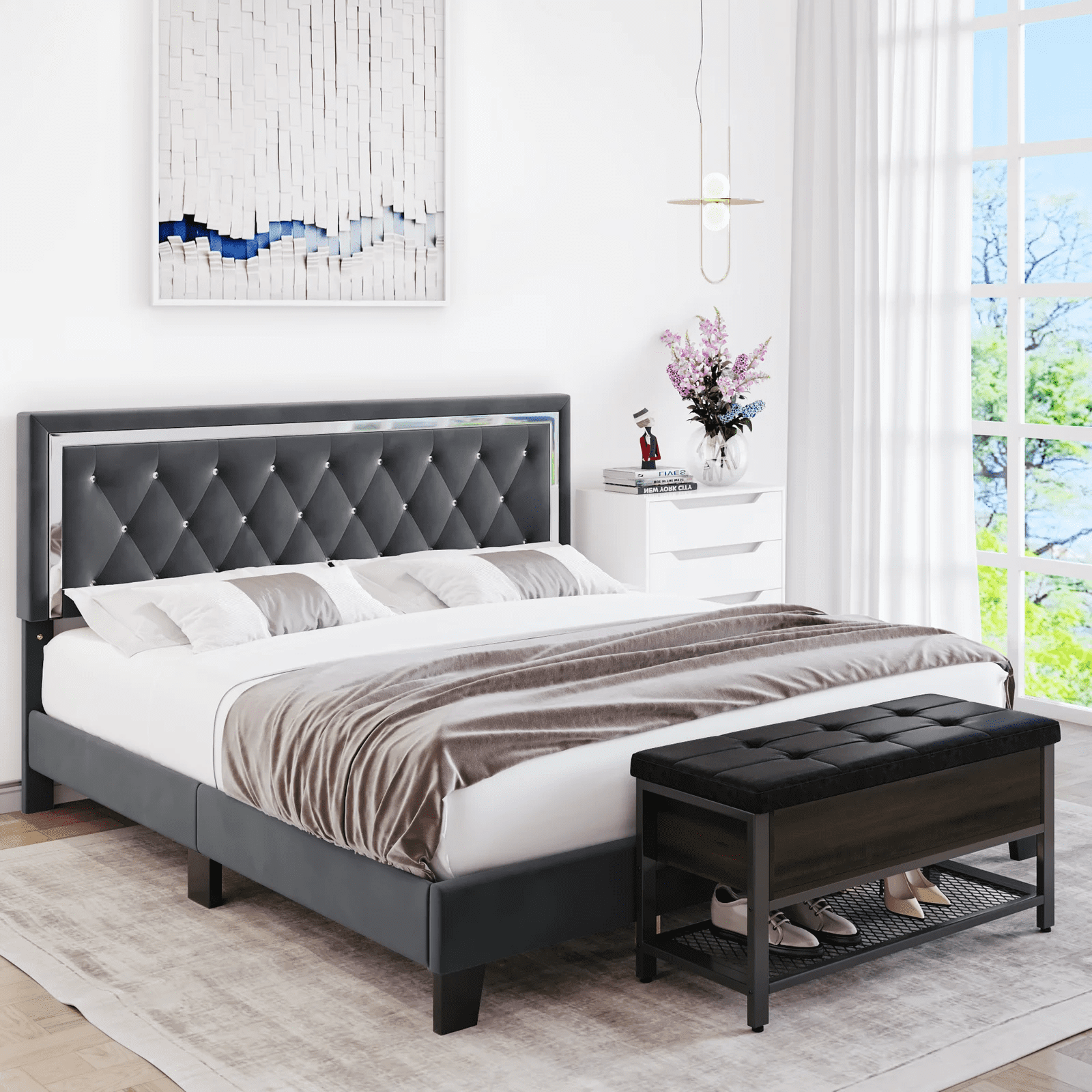 Homfa King Size Bed Frame with Adjustable Headboard. Diamond Tufted Upholstered Platform Bed. Gray