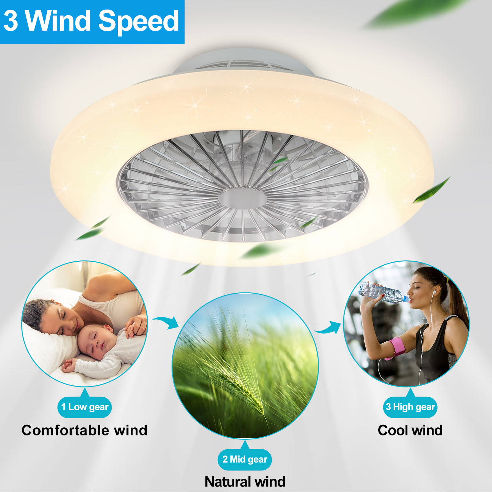 DingLiLighting Low Profile Ceiling Fans for Bedroom. 20” Modern Ceiling Fan with Light Remote Control for Living Room Kitchen. 3 Color Lighting with 7 ABS Blades. Timing