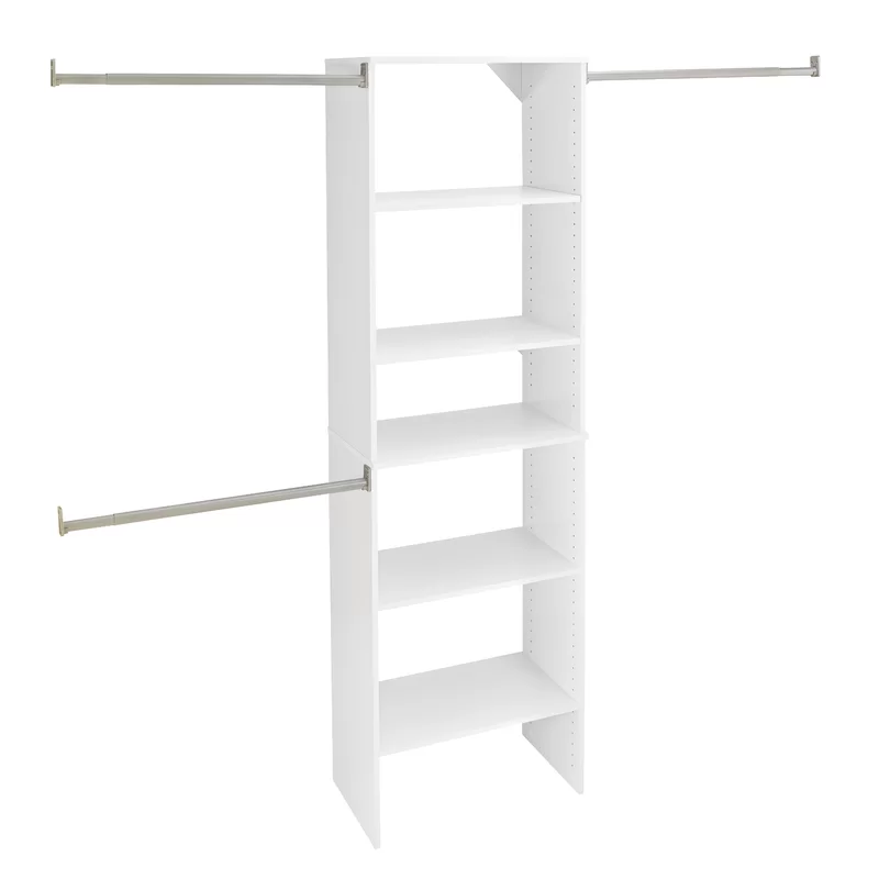 ClosetMaid 24869 SuiteSymphony Wood Closet Organizer Starter Kit Tower and 3 Hang Rods. Shelves. Adjustable. Fits Spaces 5 – 10 ft. Wide. Pure White. 25″