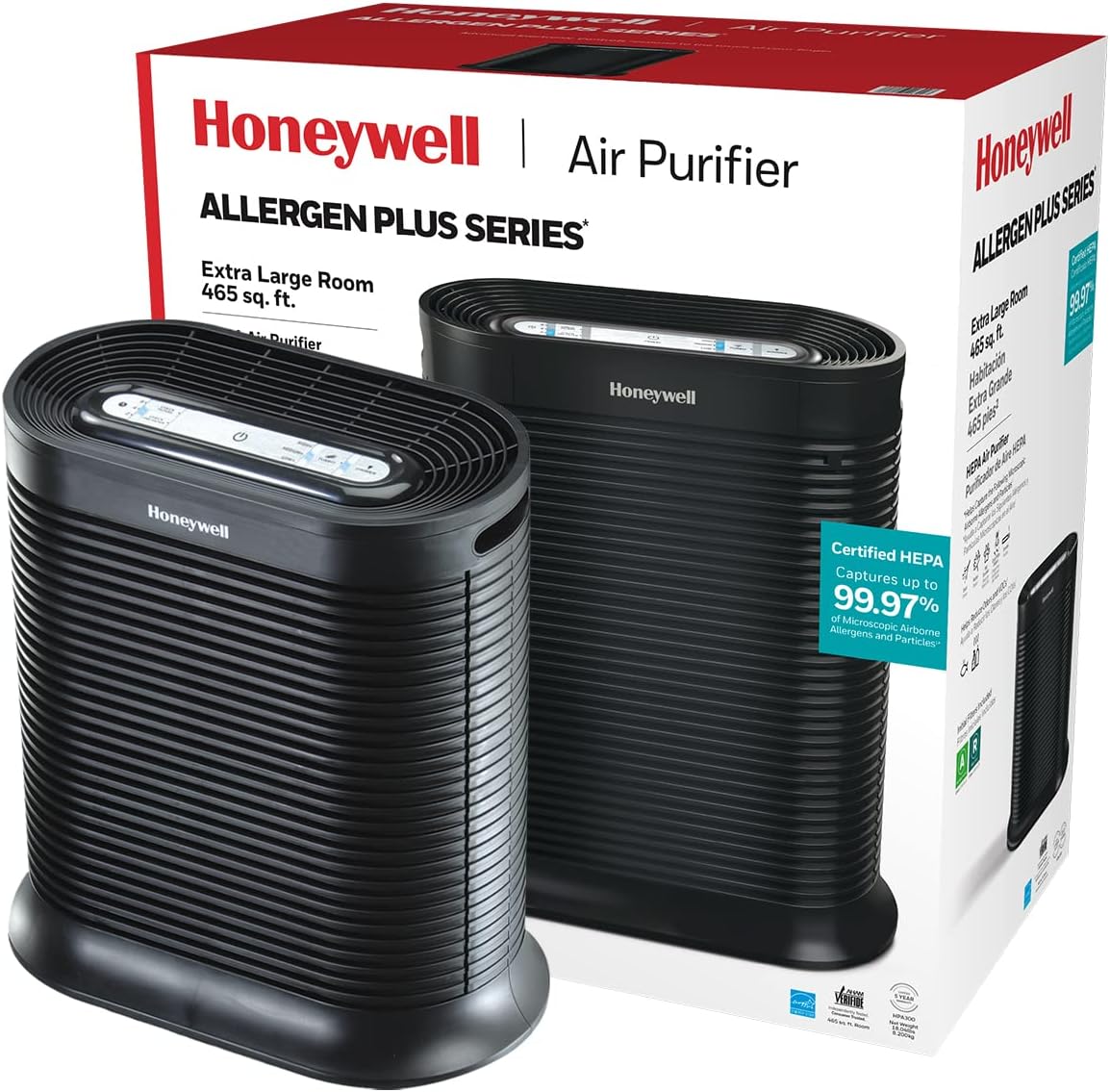 Honeywell HPA300 HEPA Air Purifier for Extra Large Rooms - Microscopic Airborne Allergen+ Reducer. Cleans Up To 2250 Sq Ft in 1 Hour - Wildfire/Smoke. Pollen. Pet Dander. and Dust Air Purifier – Black