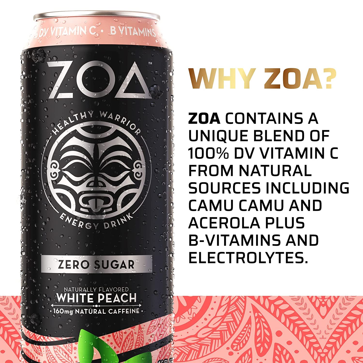 ZOA Zero Sugar Healthy. Positive Energy Drink. White Peach. 16 fl. oz. (12 Pack)