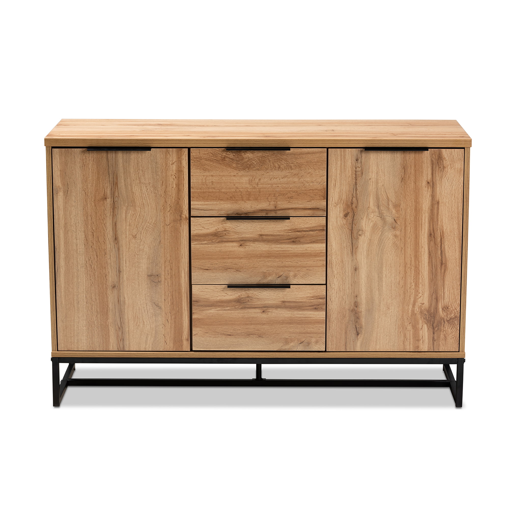 Baxton Studio Reid Modern and Contemporary Industrial Oak Finished Wood and Black Metal 3-Drawer Sideboard Buffet