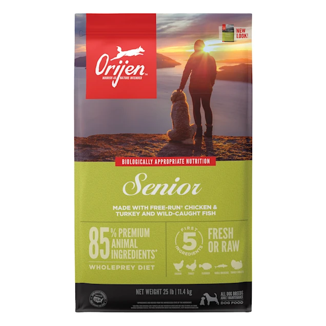 ORIJEN Senior Grain Free High Protein Fresh & Raw Animal Ingredients Dry Dog Food. 3 LEVELS OF WEIGHT