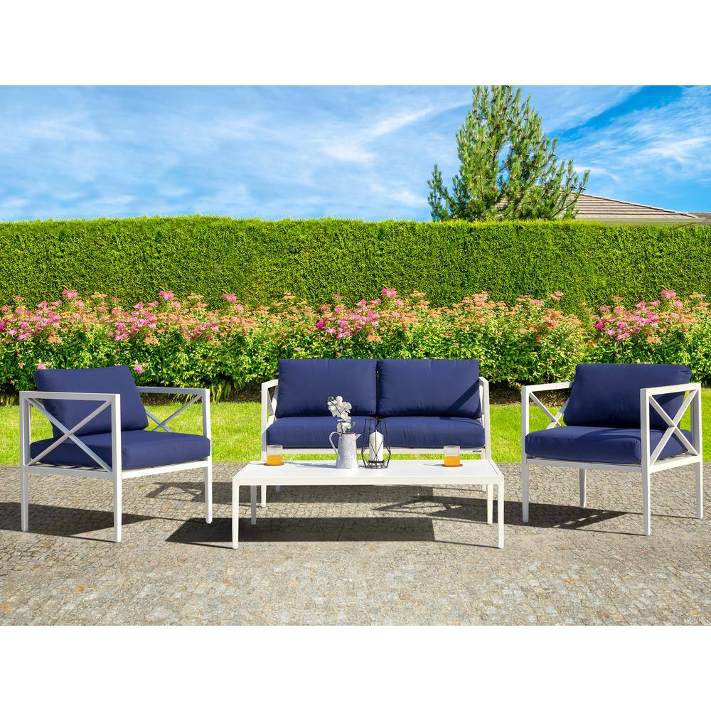 Nuu Garden  White 4-Piece Aluminum Outdoor Patio Conversation Sofa Seating Set with Dark Blue Cushions
