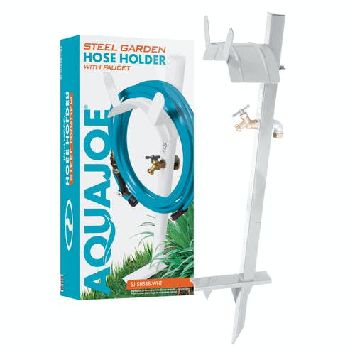 Aqua Joe SJ-SHSBB-WHT Garden Hose Stand with Brass Faucet (White)