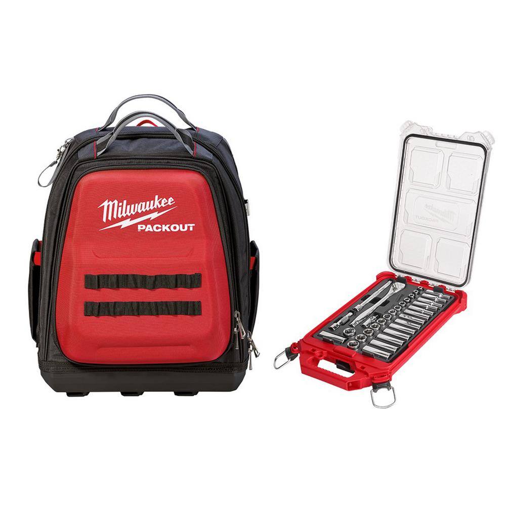 Milwaukee 48-22-8301-48-22-9482 15 in. PACKOUT Backpack 3/8 in. Drive METRIC Ratchet and Socket Mechanics Tool Set with PACKOUT Case (32-Piece)