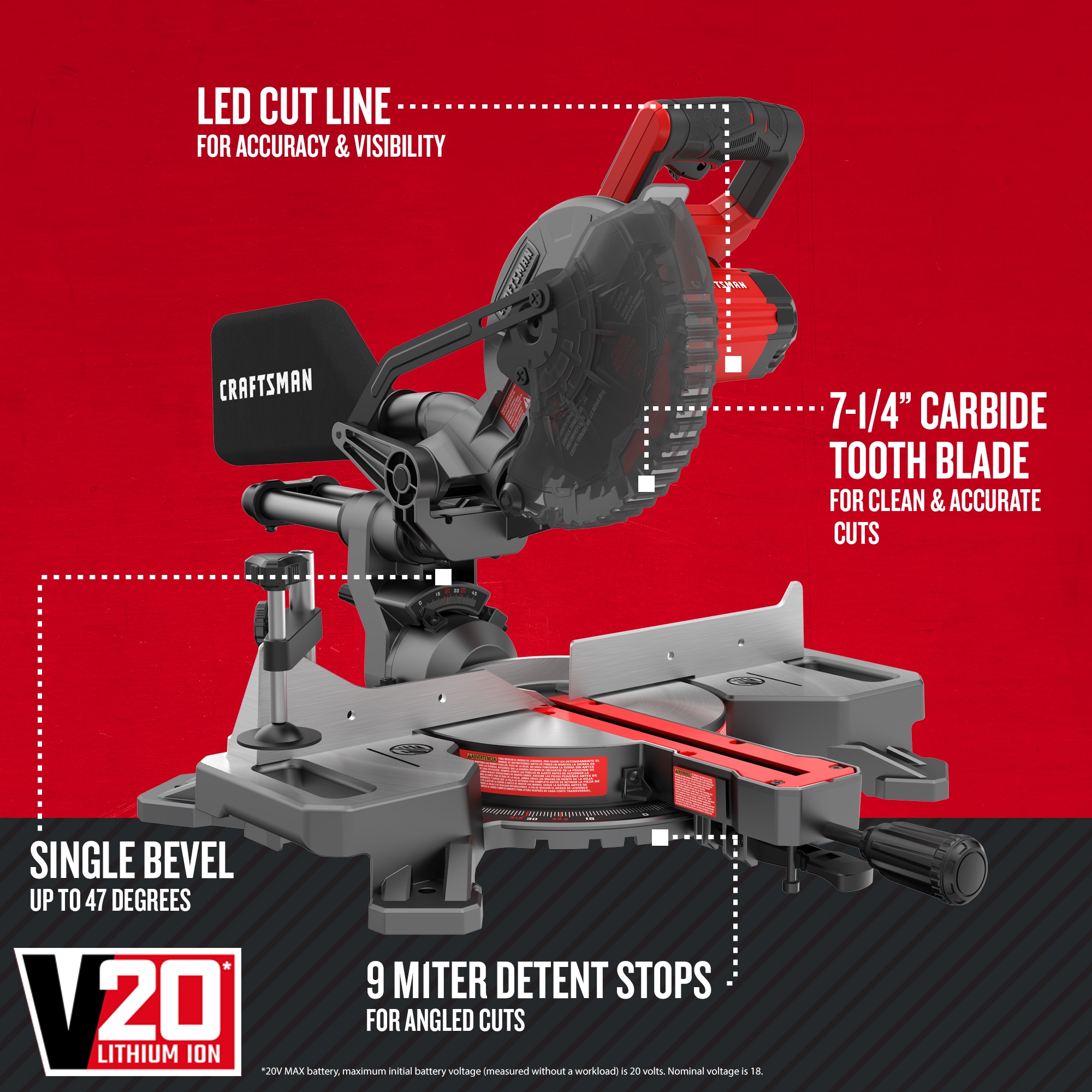 CRAFTSMAN V20 7-1/4-in 20-volt Max Single Bevel Sliding Compound Miter Saw (Cordless)