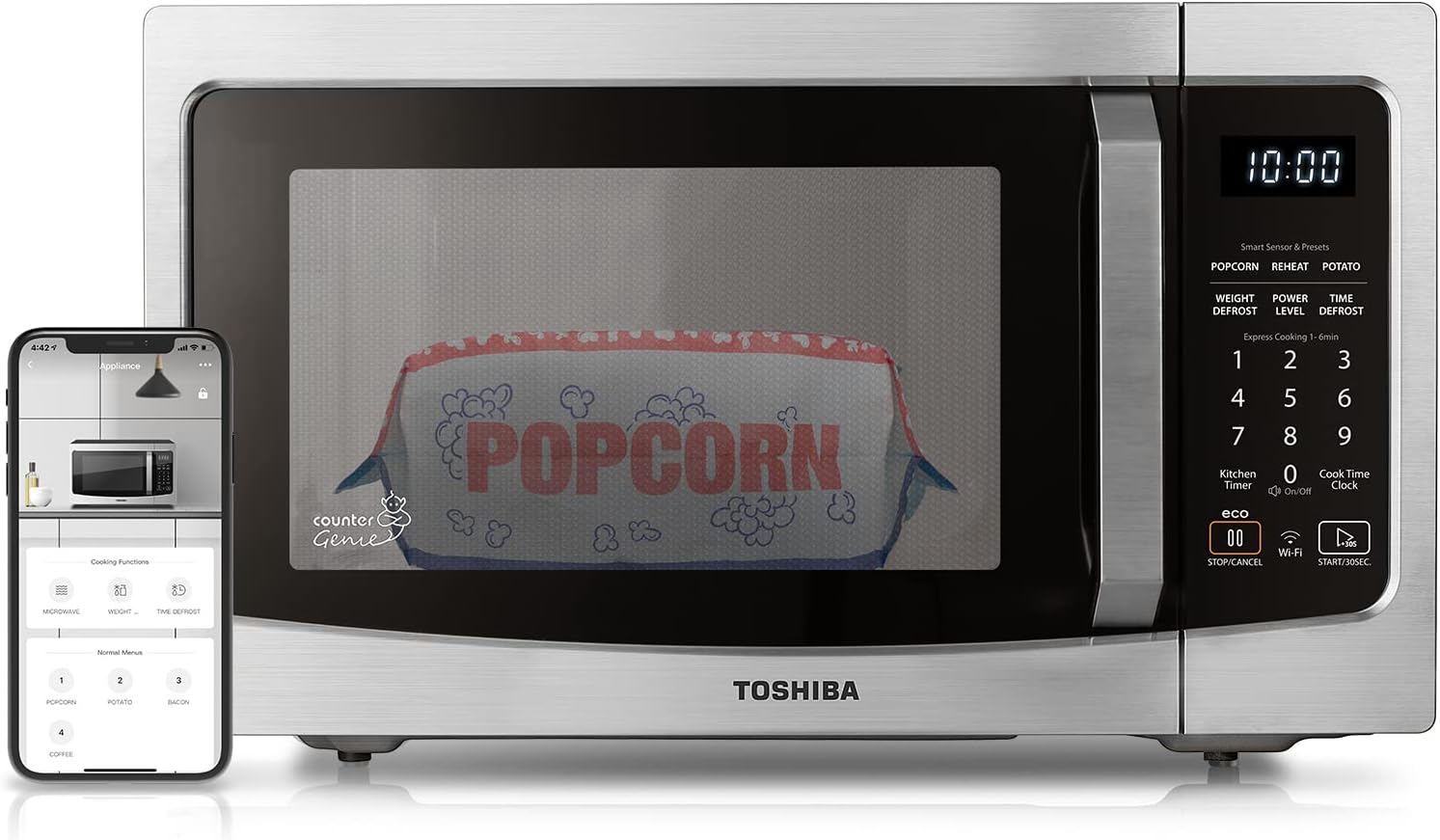 TOSHIBA ML-EM34P(SS) Smart Countertop Microwave. Sensor Reheat. Works With Alexa & Remote Control. Kitchen Essentials. Mute Function&ECO Mode. 1100W. 1.3 Cu Ft. With 12.4″ Turntable. Stainless Steel