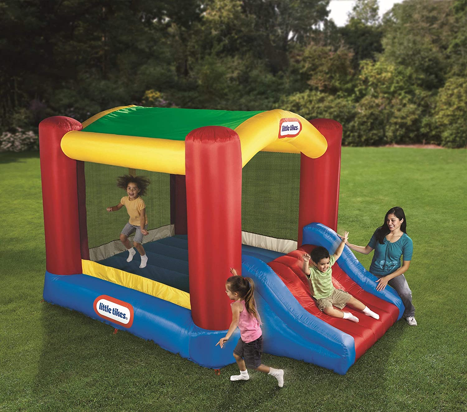 Little Tikes Jump ‘n Slide Bouncer with Arched Canopy Overhead Cover. Plus Heavy Duty Blower. Stakes. Repair Patches. and Storage Bag 3-Kid Capacity. Ages 3-8 Years