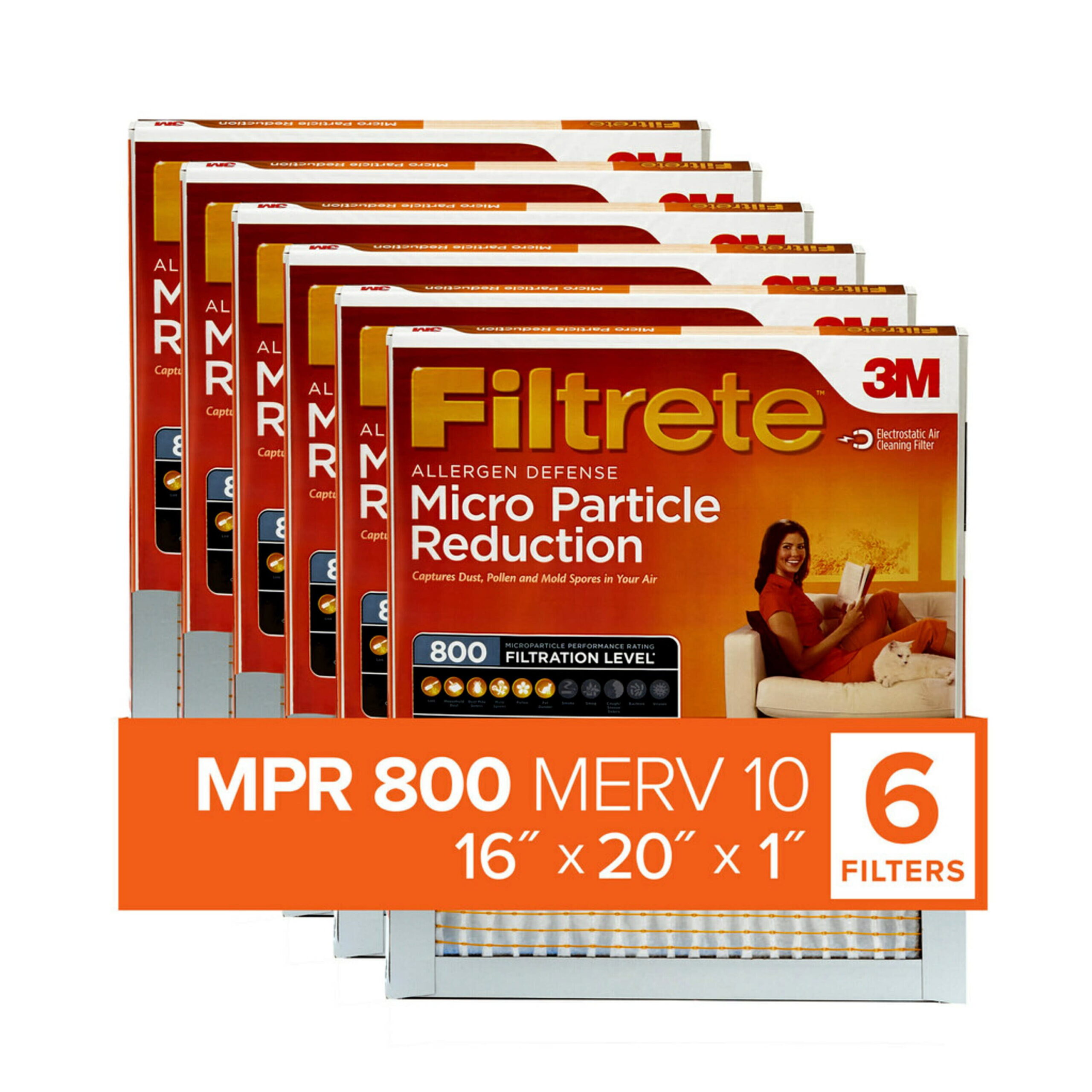 Filtrete by 3M. 16x20x1. MERV 10. Micro Particle Reduction HVAC Furnace Air Filter. Captures Pet Dander and Pollen. 800 MPR. 6 Filters