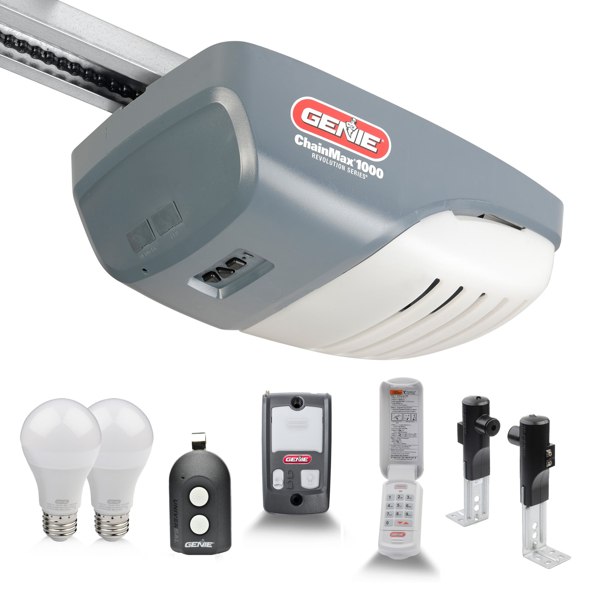 Genie- ChainMax 1000 Essentials- 3/4 HPc Chain Drive Garage Door Opener- Plus LED Bulbs