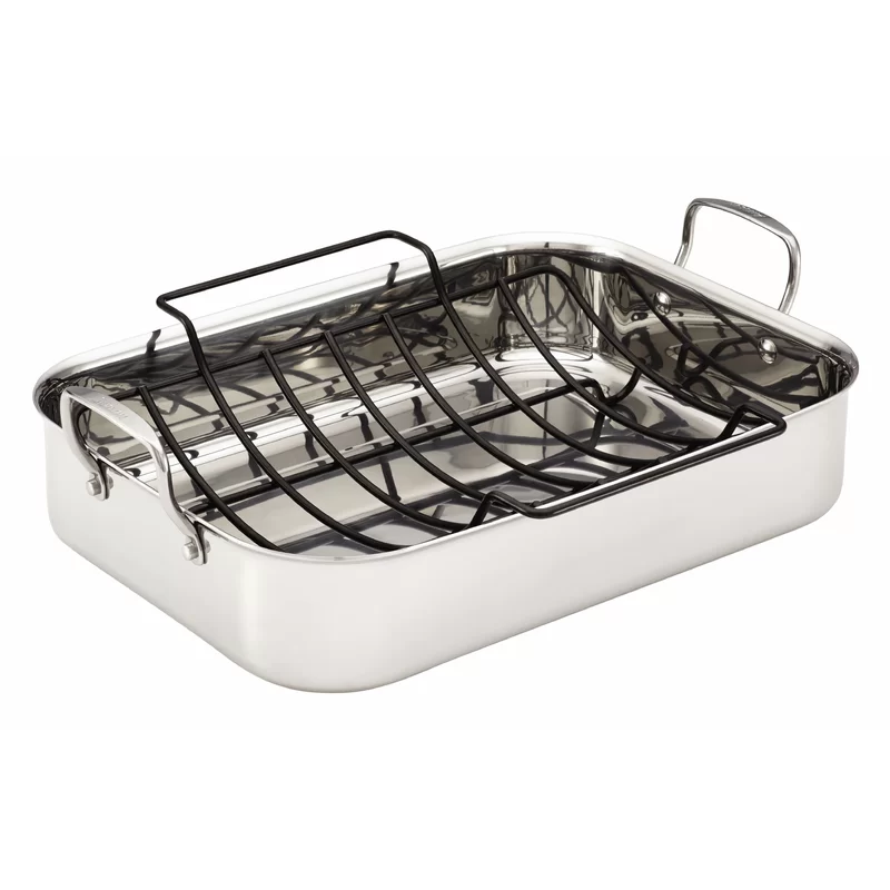 Anolon 30834 Triply Clad Stainless Steel Roaster / Roasting Pan with Rack - 17 Inch x 12.5 Inch. Silver