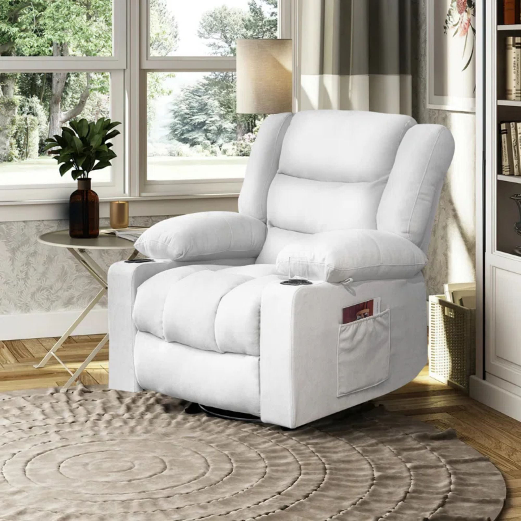 36.6″ Wide Super Soft and Oversize Chenille Manual Swivel Rocker Heating Massage Recliner Chair with Cupholders for Living Room. Bedroom. Beige
