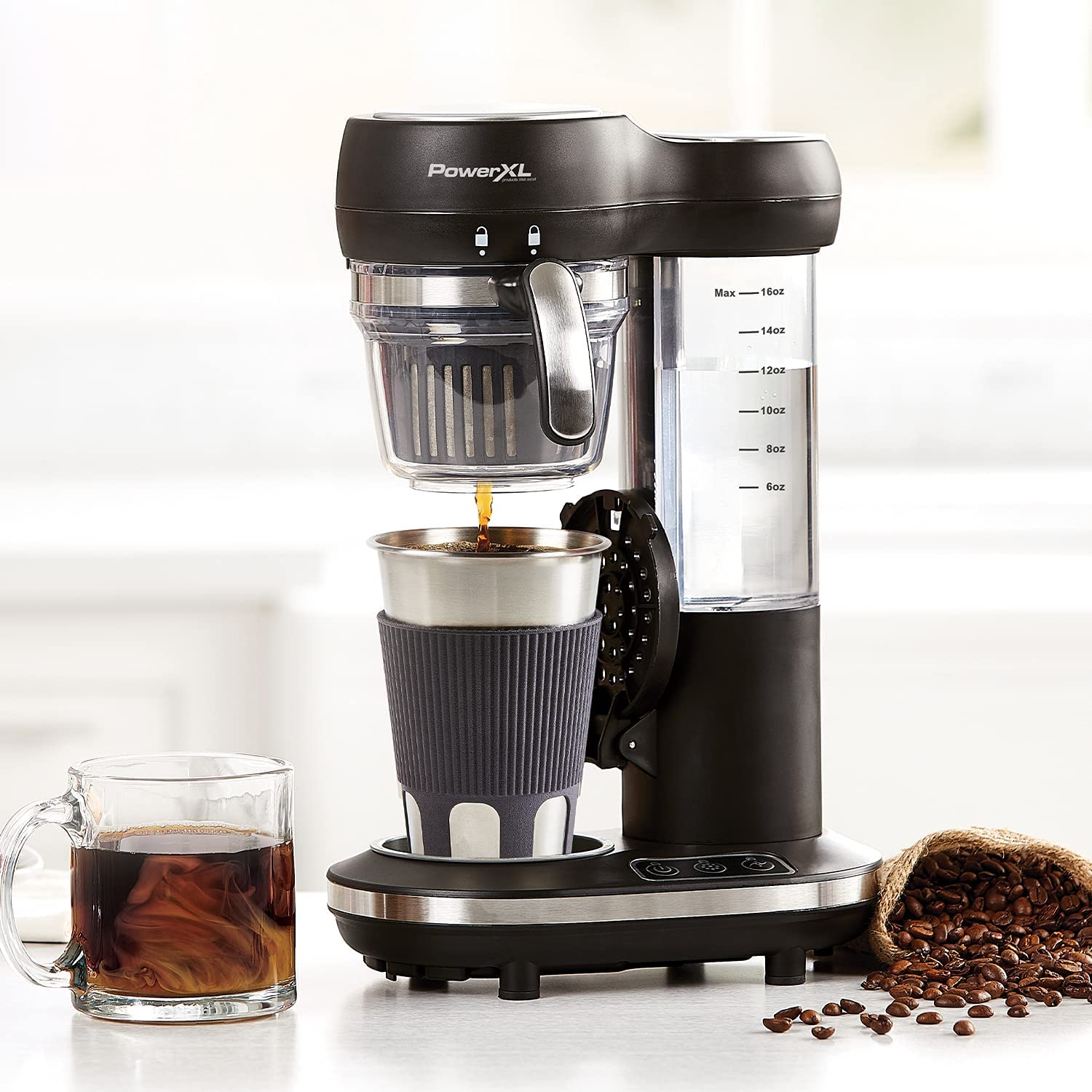 PowerXL Grind & Go. Automatic Single Serve Coffee Maker with Grinder Built-in and 16 oz. Travel Mug. Single Cup Drip Coffee Machine. Stainless Steel Blades. CL-004. Black