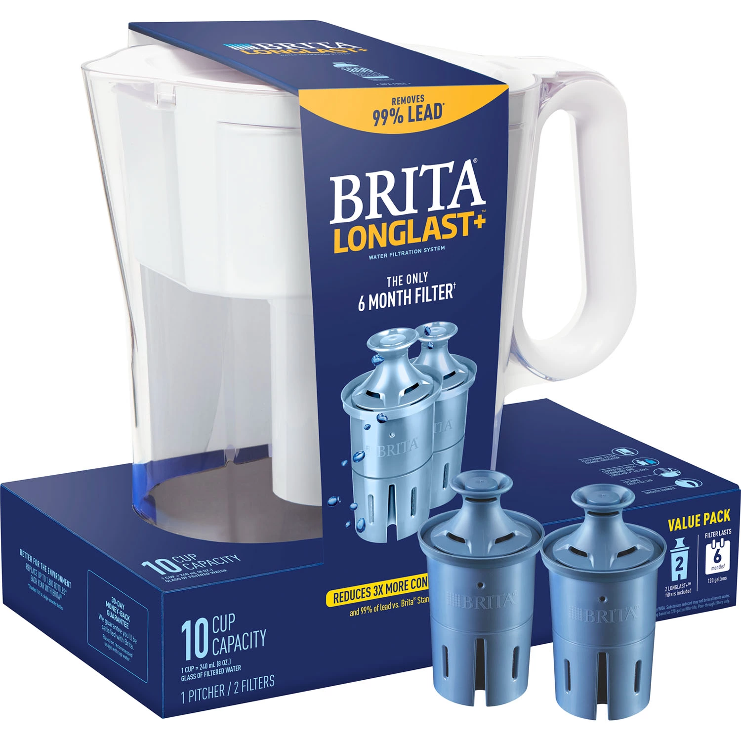 Brita Large 10-Cup Water Filter Pitcher with 2 Longlast+ Filters. Wave (White)