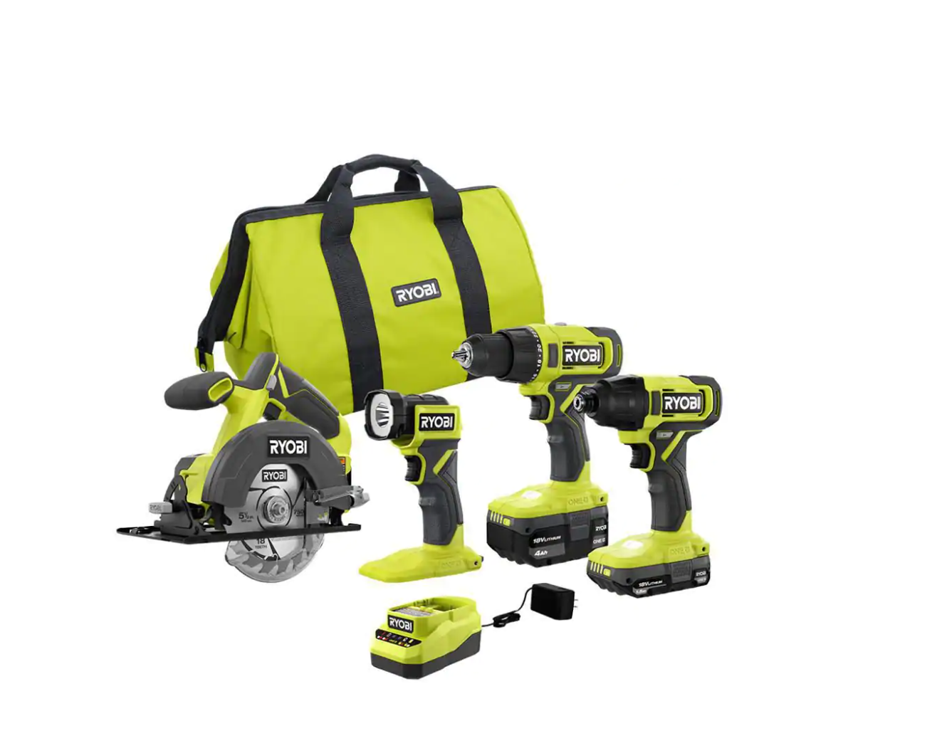 RYOBI PCL1400K2 ONE+ 18V Cordless 4-Tool Combo Kit with 1.5 Ah Battery. 4.0 Ah Battery. and Charger