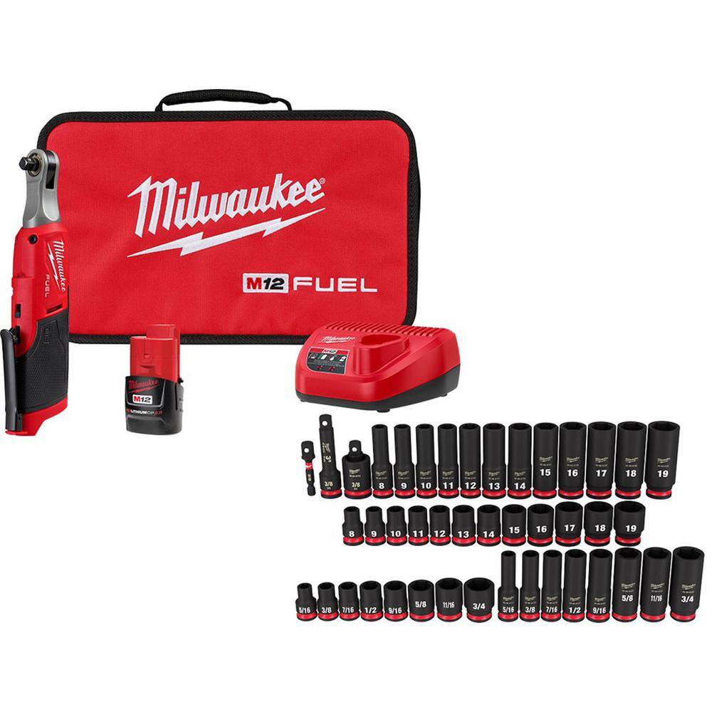 Milwaukee 2567-21H-49-66-7009 M12 FUEL 12V Lithium-Ion Brushless Cordless 3/8 in. Ratchet Kit with 3/8 in. SAE/Metric Impact Socket Set (43-Piece)