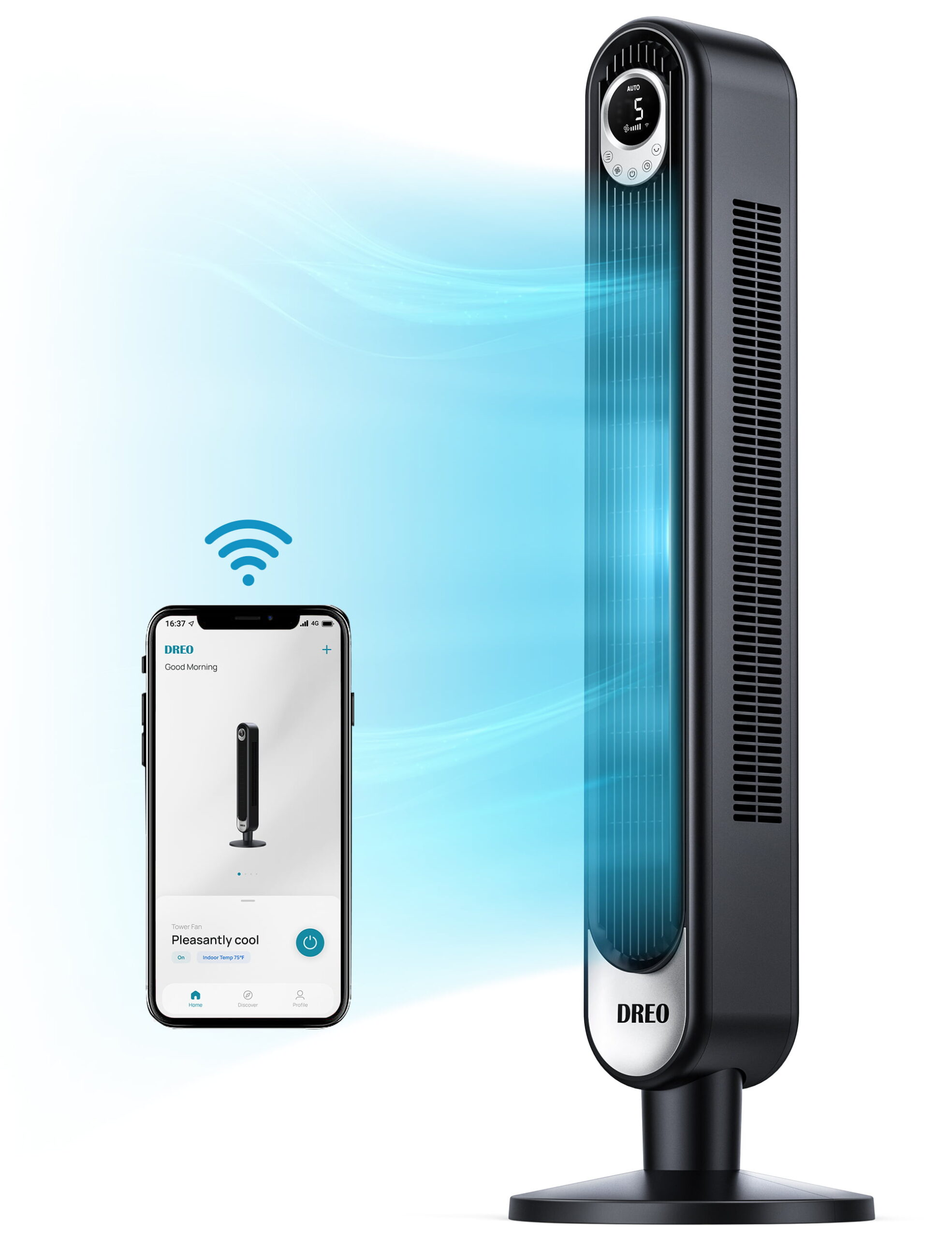 Dreo Tower Fan. WiFi Voice Control. Works with Alexa/Google. Oscillating Floor Fan with 6 Speeds. 4 Modes. 12-Hour Timer. LED Display. Remote