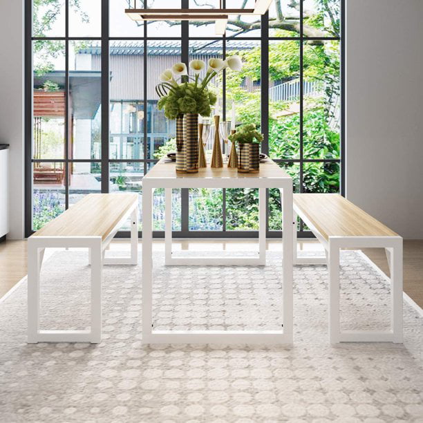 Amolife 3-Piece Modern Industrial Dining Table Set with Benches. White Frame+ Maple
