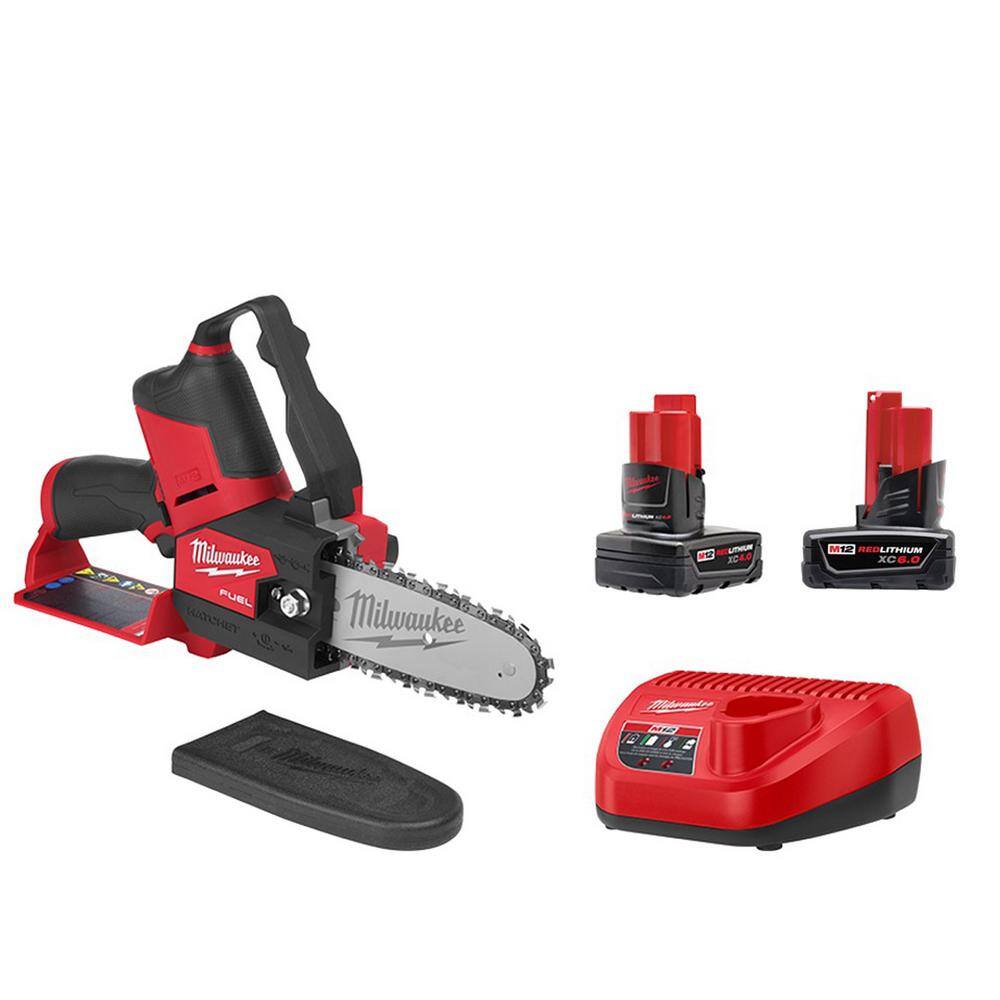 Milwaukee 2527-21-48-11-2460 M12 FUEL 12-Volt Lithium-Ion Brushless Cordless 6 in. HATCHET Chainsaw Kit with 6.0 Ah and 4.0 Ah Battery. Charger