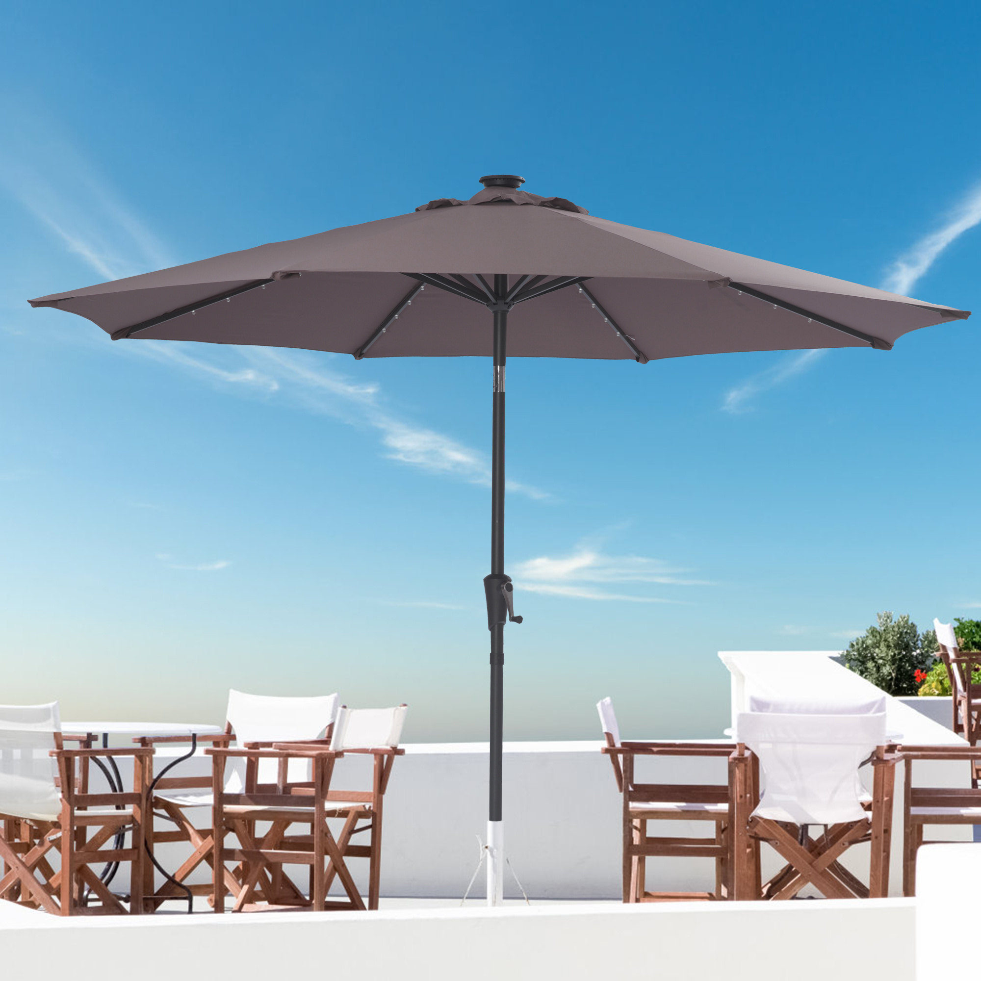 9Ft Patio Umbrella Outdoor Solar Powered LED Lighted Umbrella With Tilt And Crank For Garden.Deck.Backyard.Pool