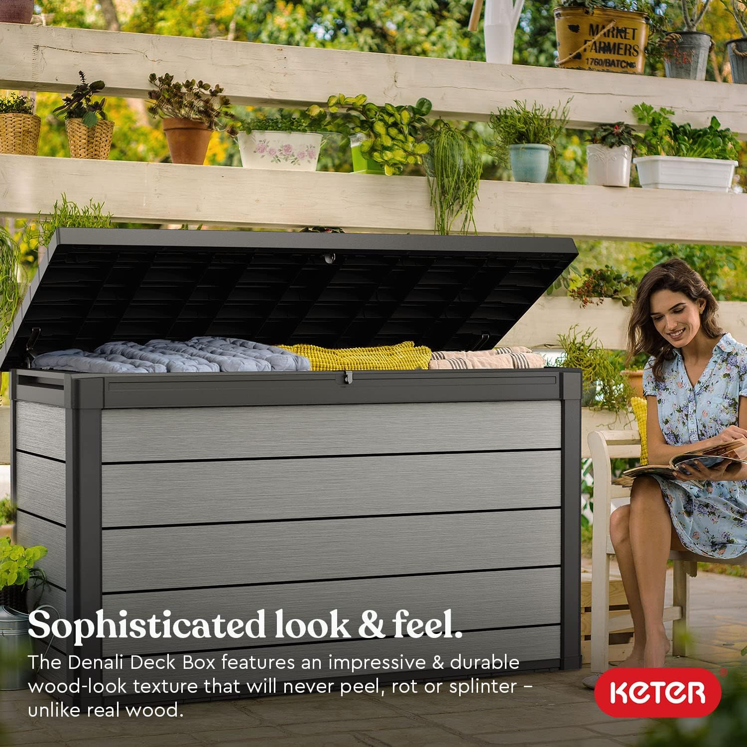 Keter Denali 200 Gallon Resin Large Deck Box-Organization and Storage for Patio Furniture. Outdoor Cushions. Garden Tools and Pool Toys. Grey & Black