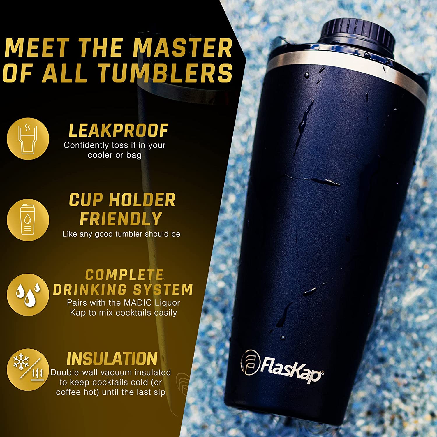 FlasKap VOLST 22 Insulated Tumbler with Standard Lid | Double-Wall Vacuum Insulated - Leak-Proof. Cup Holder Friendly. Fits MADIC 6 (22 oz. Black)
