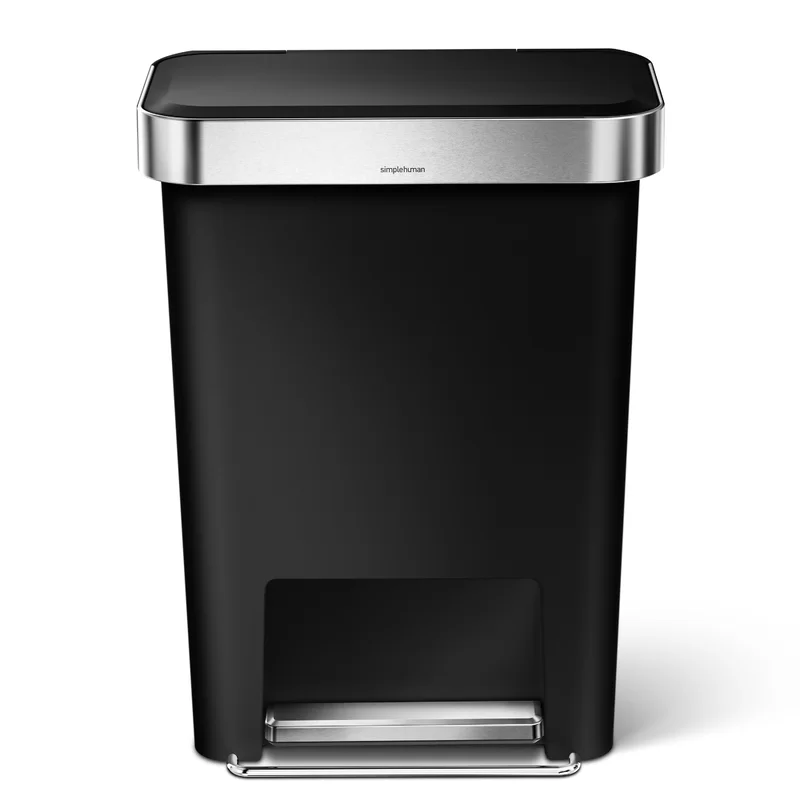 simplehuman 45 Liter / 12 Gallon Rectangular Kitchen Step Trash Can with Soft-Close Lid. Black Plastic