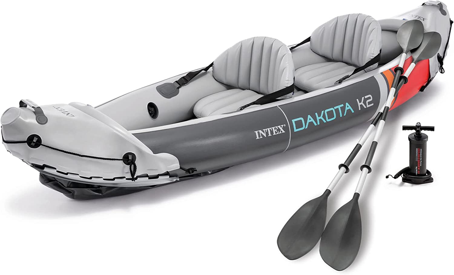 Intex 68310VM Dakota K2 2-Person Heavy-Duty Vinyl Inflatable Kayak with 86-Inch Oars and Air Pump. Gray & Red