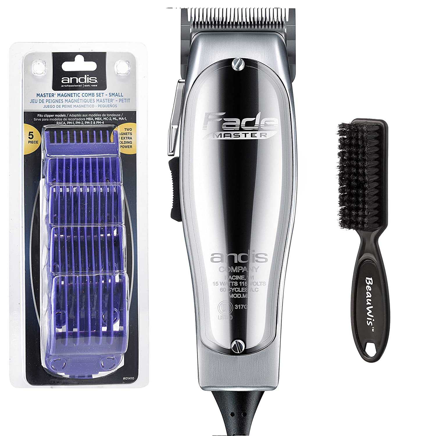 Andis Professional Fade Master Clipper - Adjustable Fade Blade - Andis Dual Magnet 5-Comb Set -BeauWis Blade Brush