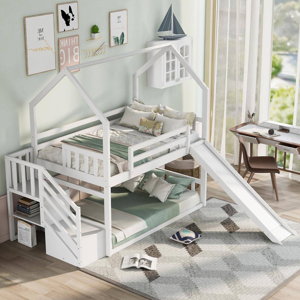 Harper & Bright Designs  White Twin Over Twin Wood House Bunk Bed with Convertible Slide and Storage Staircase