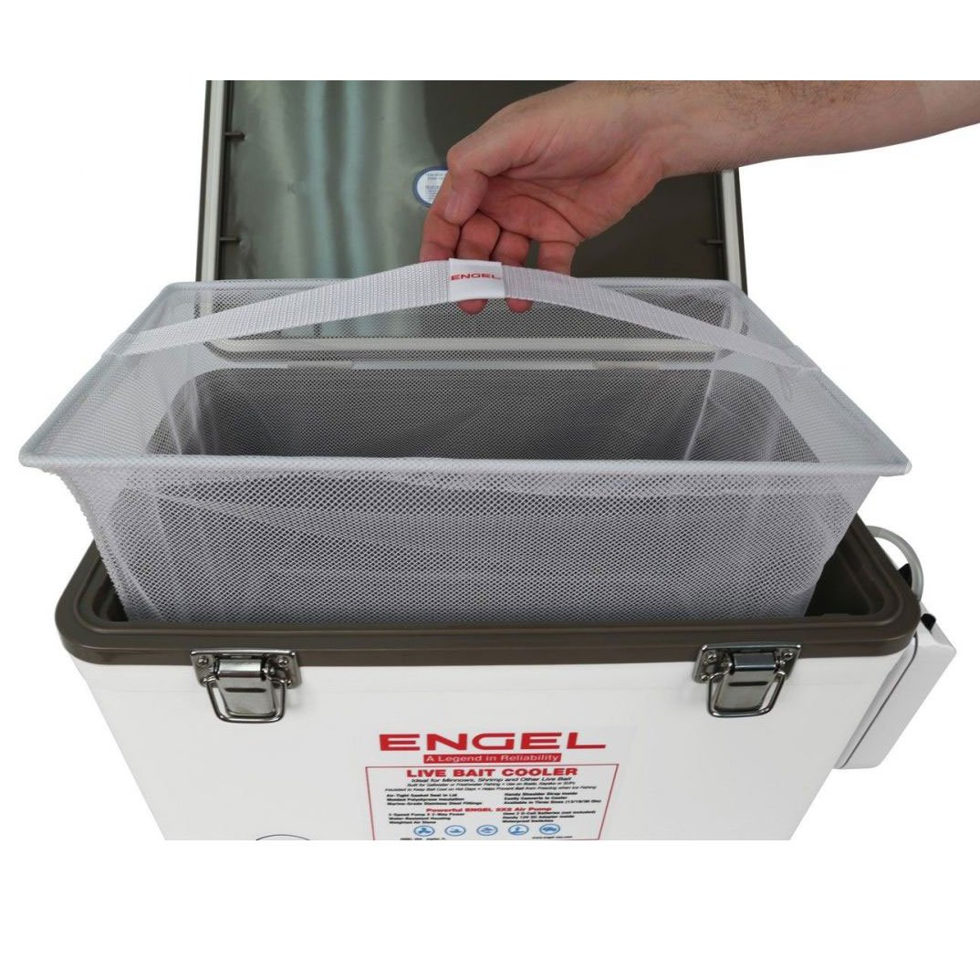 Engel 13 Quart Hard Sided Live Bait Fishing Dry Box Cooler with Pull Net. White